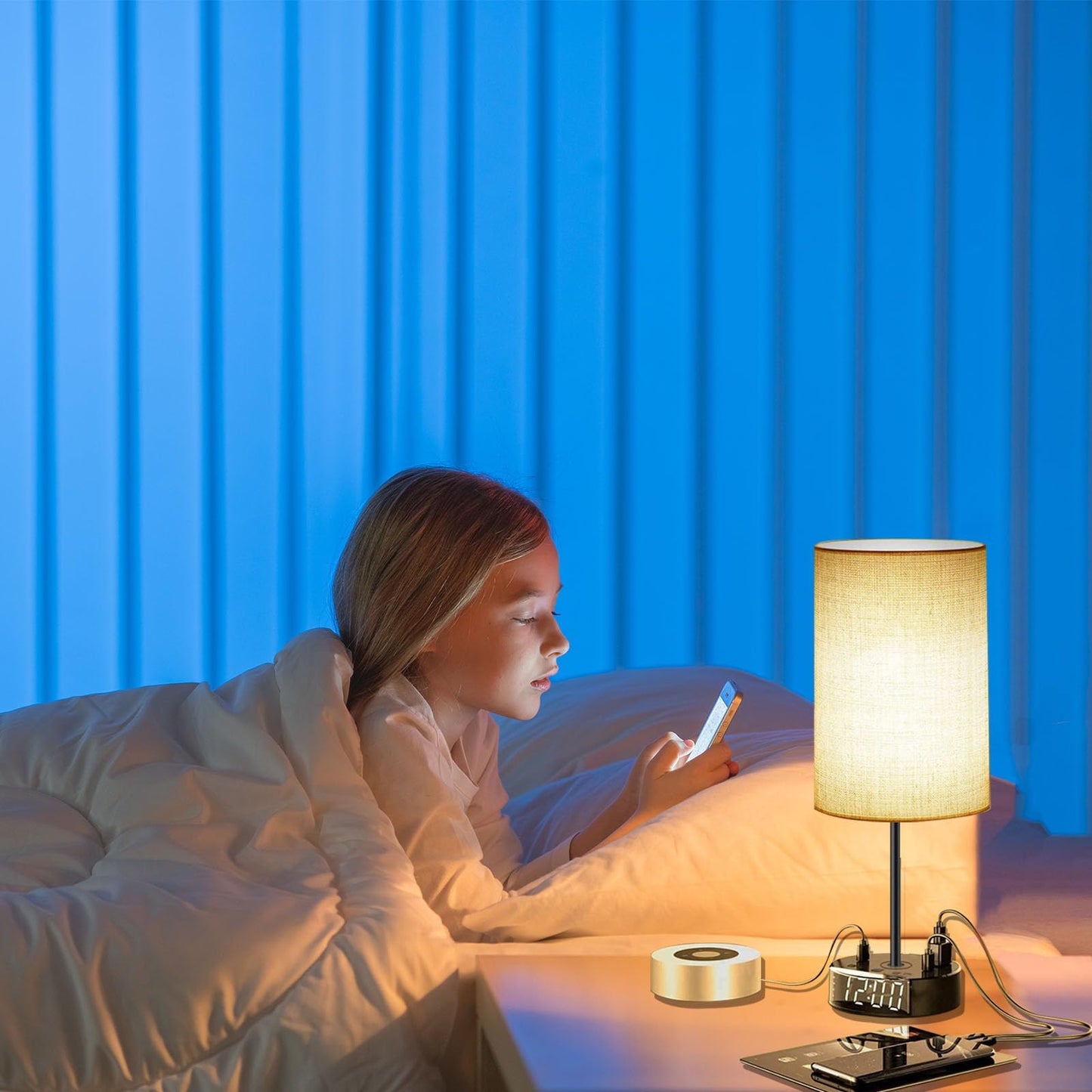 ZONV Touch Control Nightstand Light Bedside Table Lamp with USB C Charging Ports Alarm Clock 3 Way Dimmable Lamp for Bedroom Living Room Home（Gray） Thanksgiving Gifts