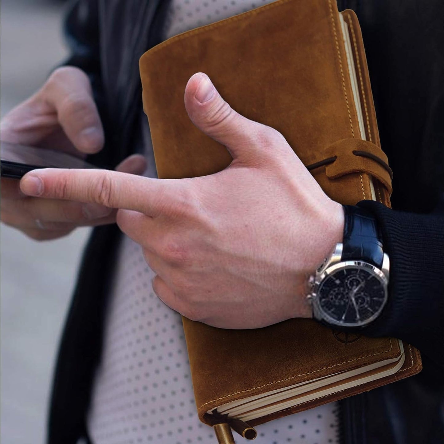 WANDERINGS Regular Size Travelers Notebook with Pockets - 4.5" x 8.5" (11.5 x 22cm) - Refillable Travelers Journal -Leather Journal, Includes 100 GSM Blank Inserts