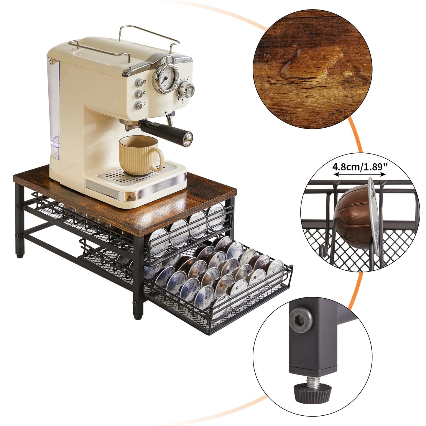 IBUYKE 2-Tie Coffee Pod Drawer Holder,80 Capsule Pods,Compatible for Nespresso Vertuo Pods,Wooden Top and Mesh Shelves,Home Kitchen Counter Coffee Bar Organizer, Rustic Brown,TCJ102H