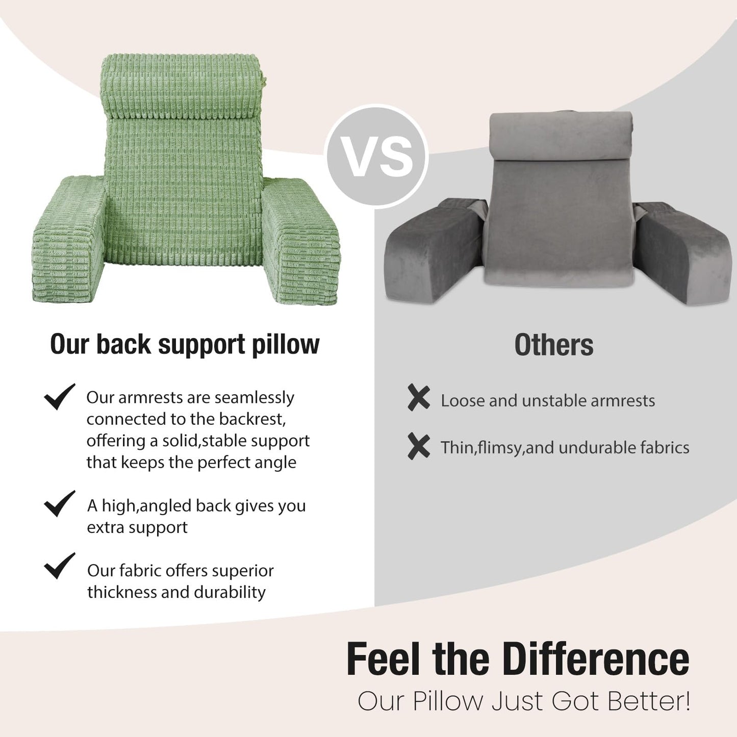 Selectico 19" Reading Pillow for Bed with Built-in Arms & Large Pockets, Supportive Backrest Cushion for Reading, Resting, or Reclining, Washable Cover – Sage Green