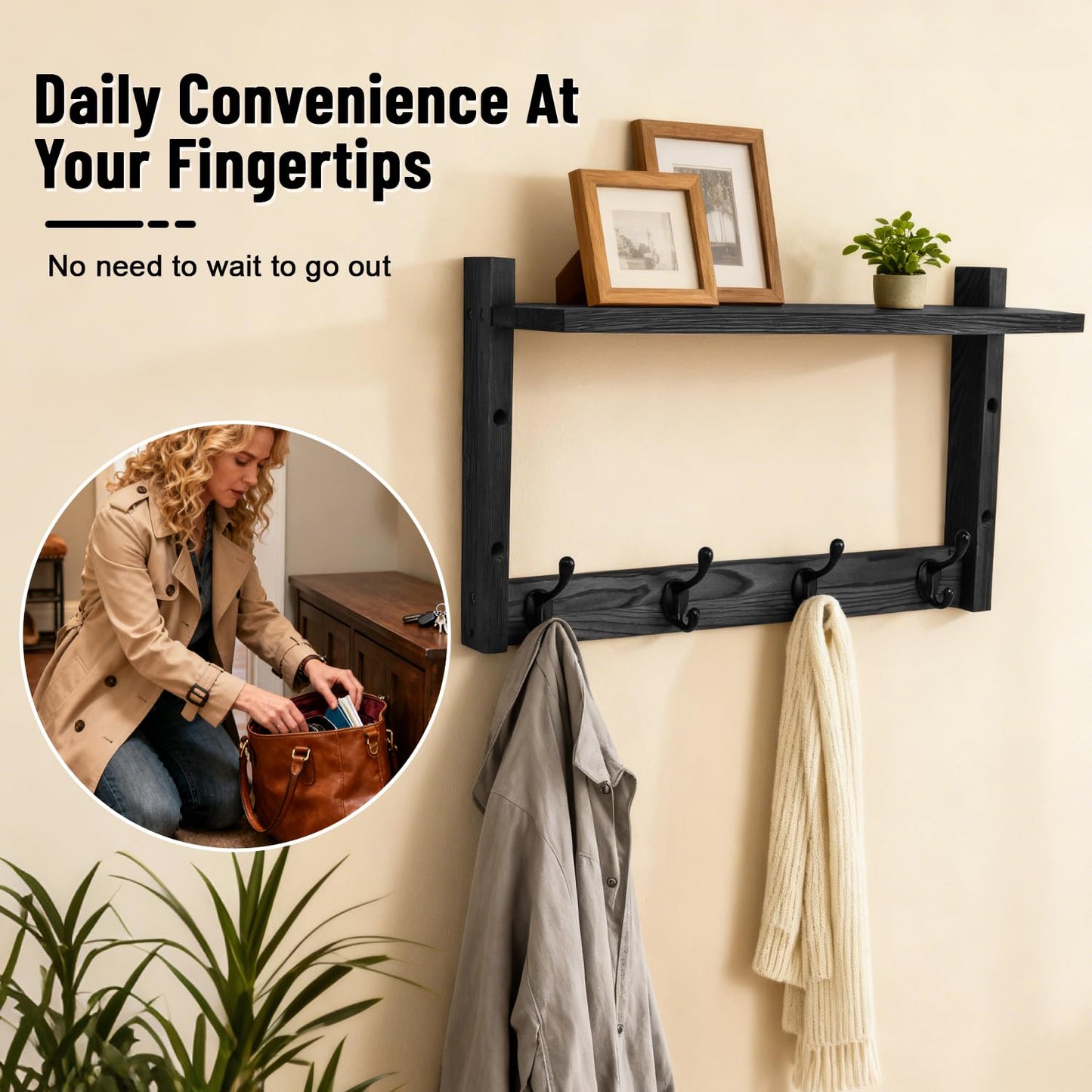 Dellicasi 28" Coat Rack Wall Mount with Shelf, Entryway Key Holder Wall Mount Wood Wall Coat Hooks with 7 Hooks 3 Key Hanger, Wall Mounted Coat Rack Mail Holder for Living Room, Bedroom