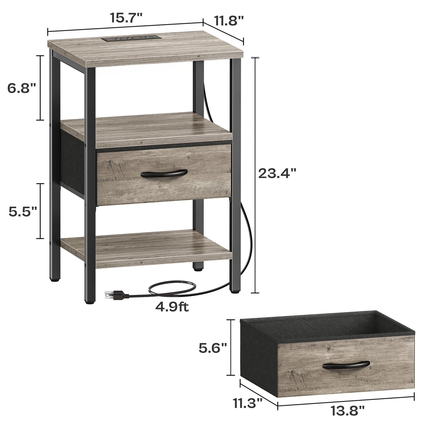 SUPERJARE Nightstand with Charging Station, Bed Side Table with Adjustable Fabric Drawer, Night Stand for Bedroom, 3-Tier Storage End Table, for Living Room, Oak