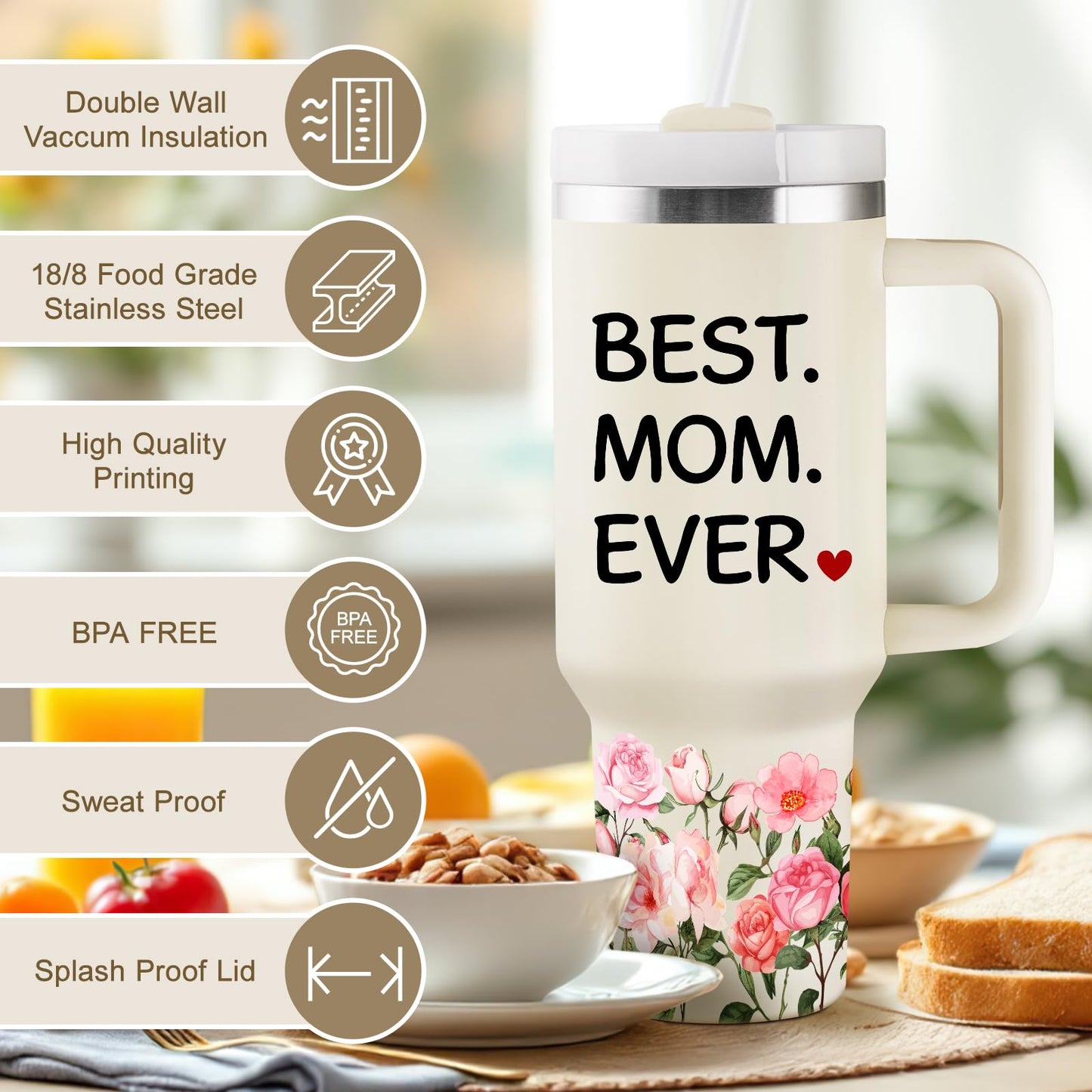 CENDARTE Mothers Day Gifts for Mom Birthday Gifts for Mom Best Mom Gifts from Daughter Son for Mothers Day 40oz Travel Cup Insulated Tumbler with Lid & Straw