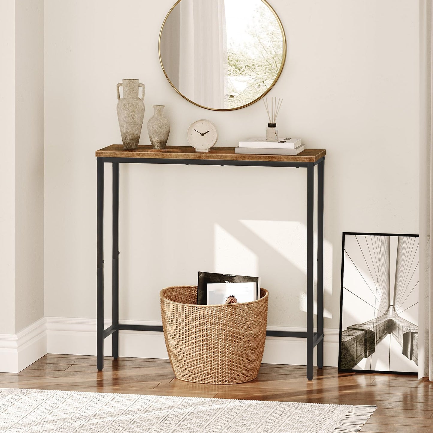 HOOBRO Narrow Console Table, 29.5" Small Entryway Table, Thin Sofa Side Display Table, for Hallway, Bedroom, Living Room, Foyer, Rustic Brown and Black BF75XG01