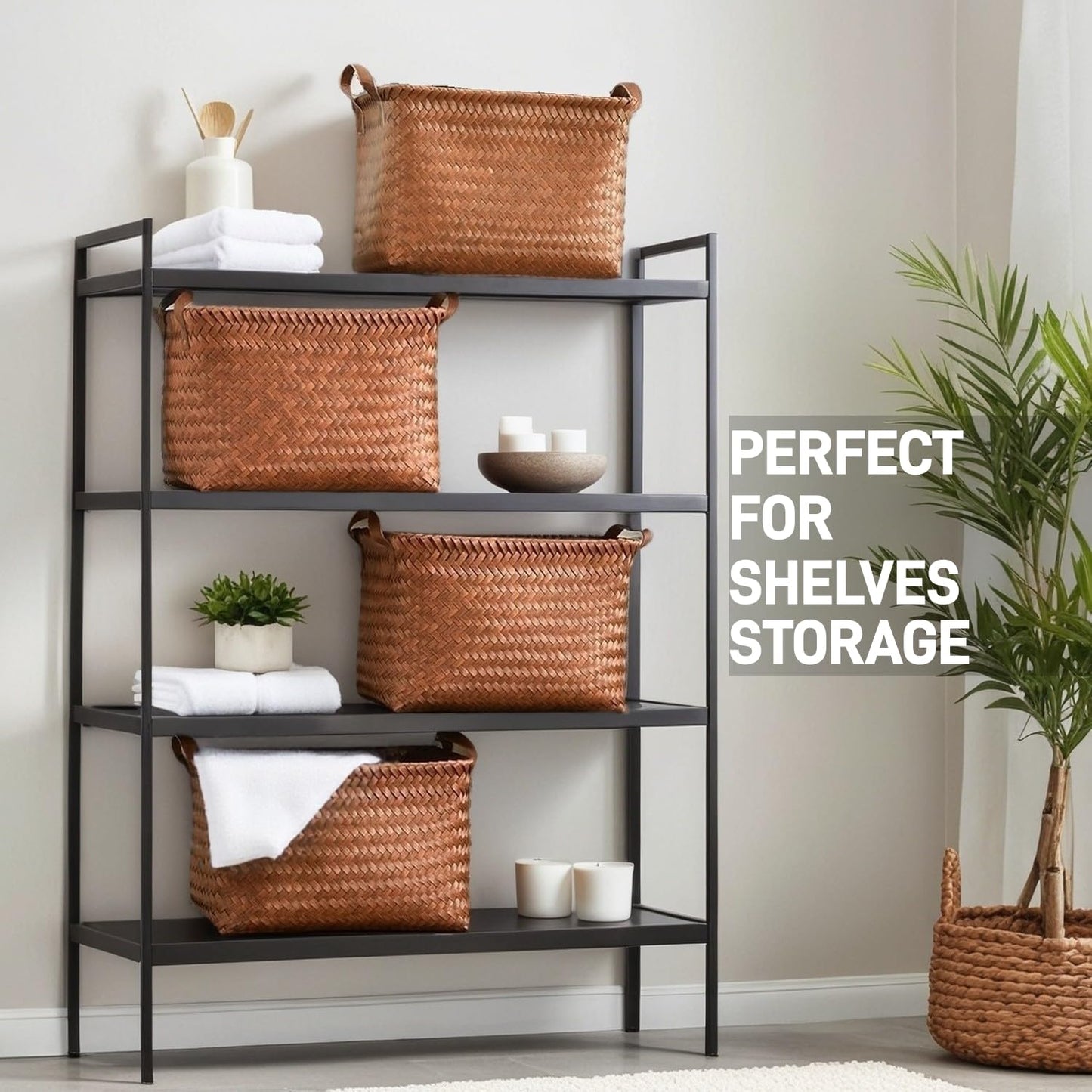 GIB Large Wicker Storage Baskets for Shelves, Woven Baskets for Organizing Blanket Clothes, Laundry Closet Storage Bins Organizer with Handles, Brown, 4 Pack