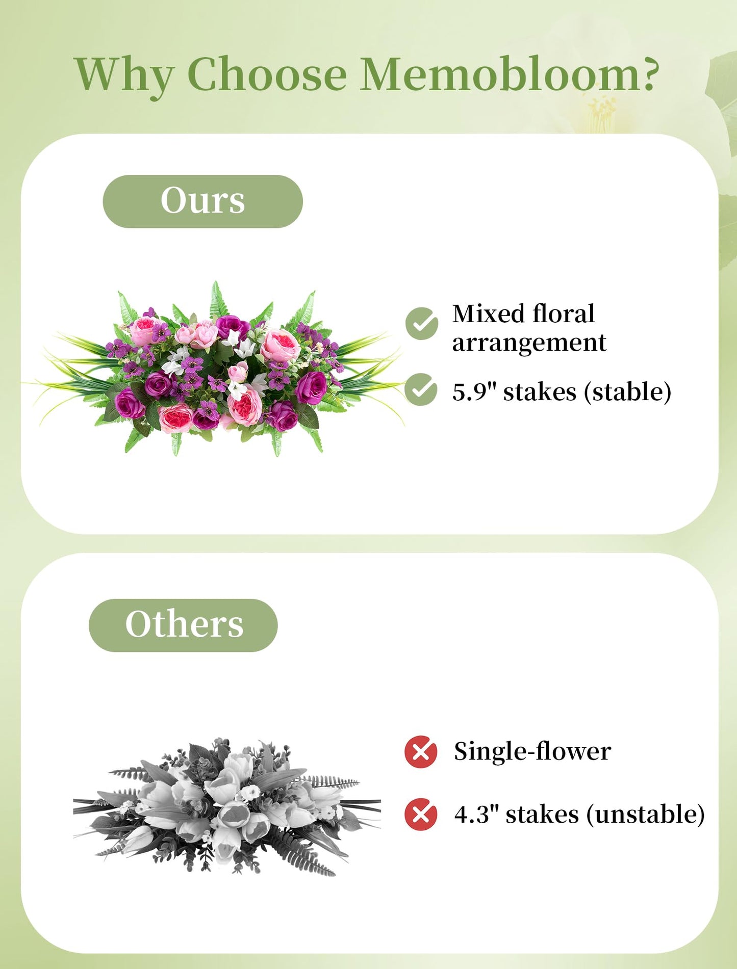 Memobloom Artificial Cemetery Flowers with Stake: 1Pc Purple Roses Pink Peonies Realistic Memorial Day Grave Flowers for Cemetery - Outdoor Grave Decorations Funeral Arrangements