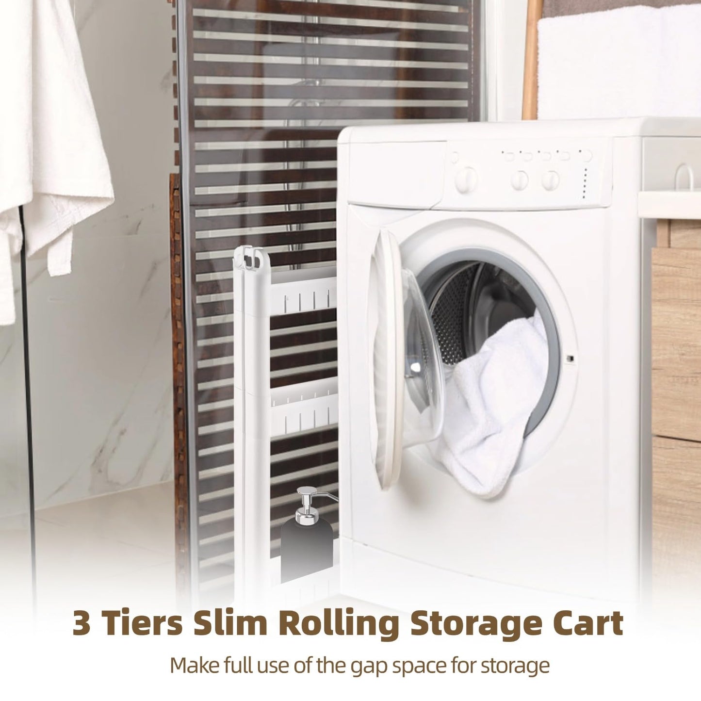 3 Tiers Slim Rolling Storage Cart, 3.5 Inches Slim Slide Out Bathroom Organizer Cart, Tiered Storage Rack with Wheels, Narrow Mobile Utility Cart for Laundry Room, Kitchen, Office, Sturdy Room