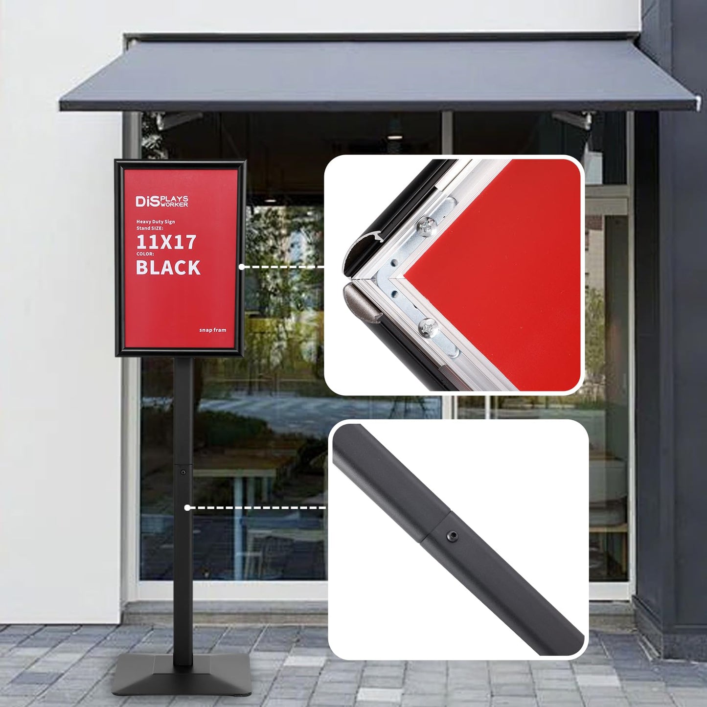 DISPLAYSWORKER Adjustable Heavy Duty Pedestal Sign holder floor Stand,sign stand poster stand Aluminum Snap Open Frame,Standing Floor for 8.5x 11 inch,Vertical/Horizontal View,Black