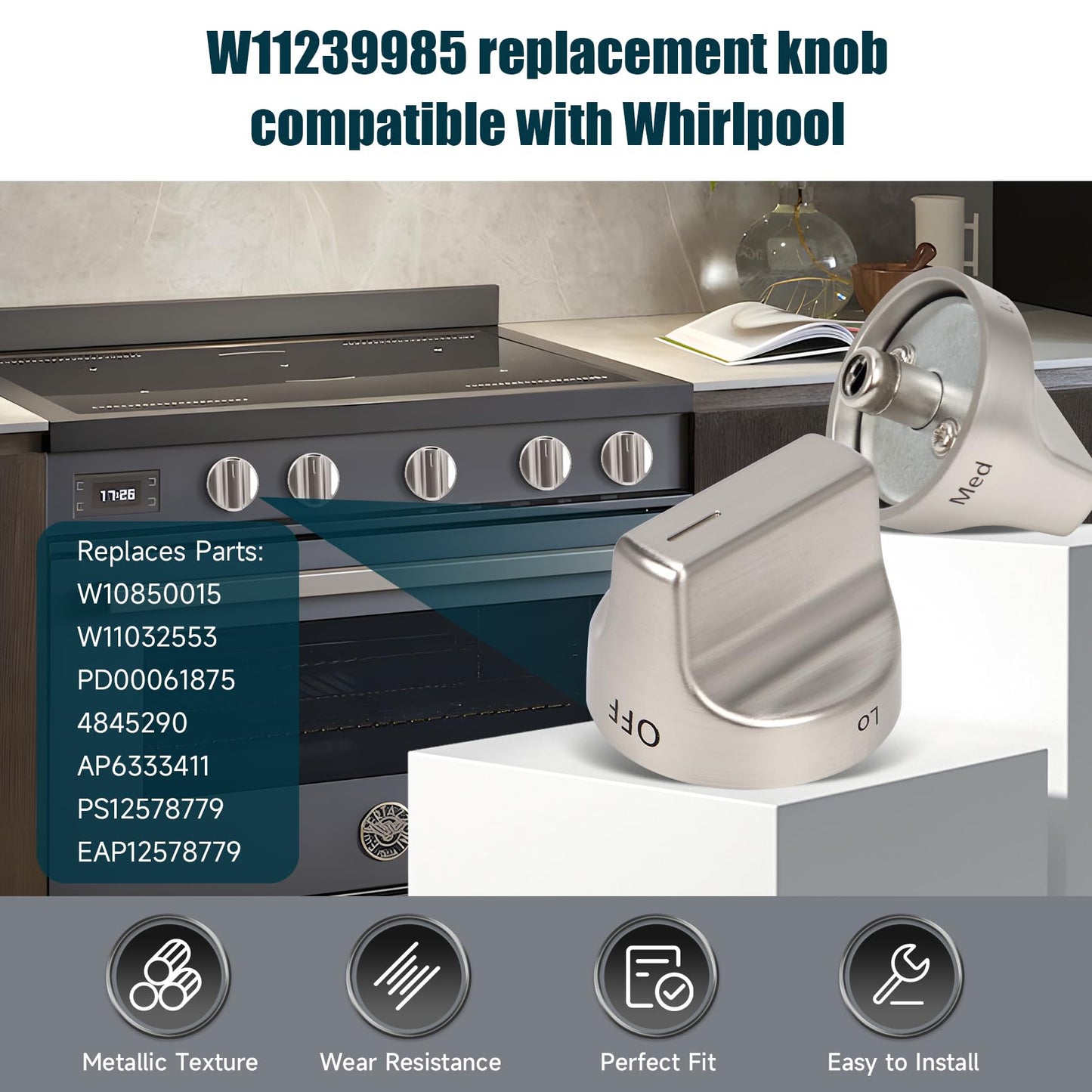 W11239985 W10850015 Gas Stove Knobs (5PCS) Replace W11032553 Control Knob, Compatible With whirlpool WFG550S0HZ0, WFG550S0LV1, WFG525S0HV1, WFG535S0JV0, WFG550S0HV0, WFG525S0JZ0, WFG550S0HV3 Gas knobs
