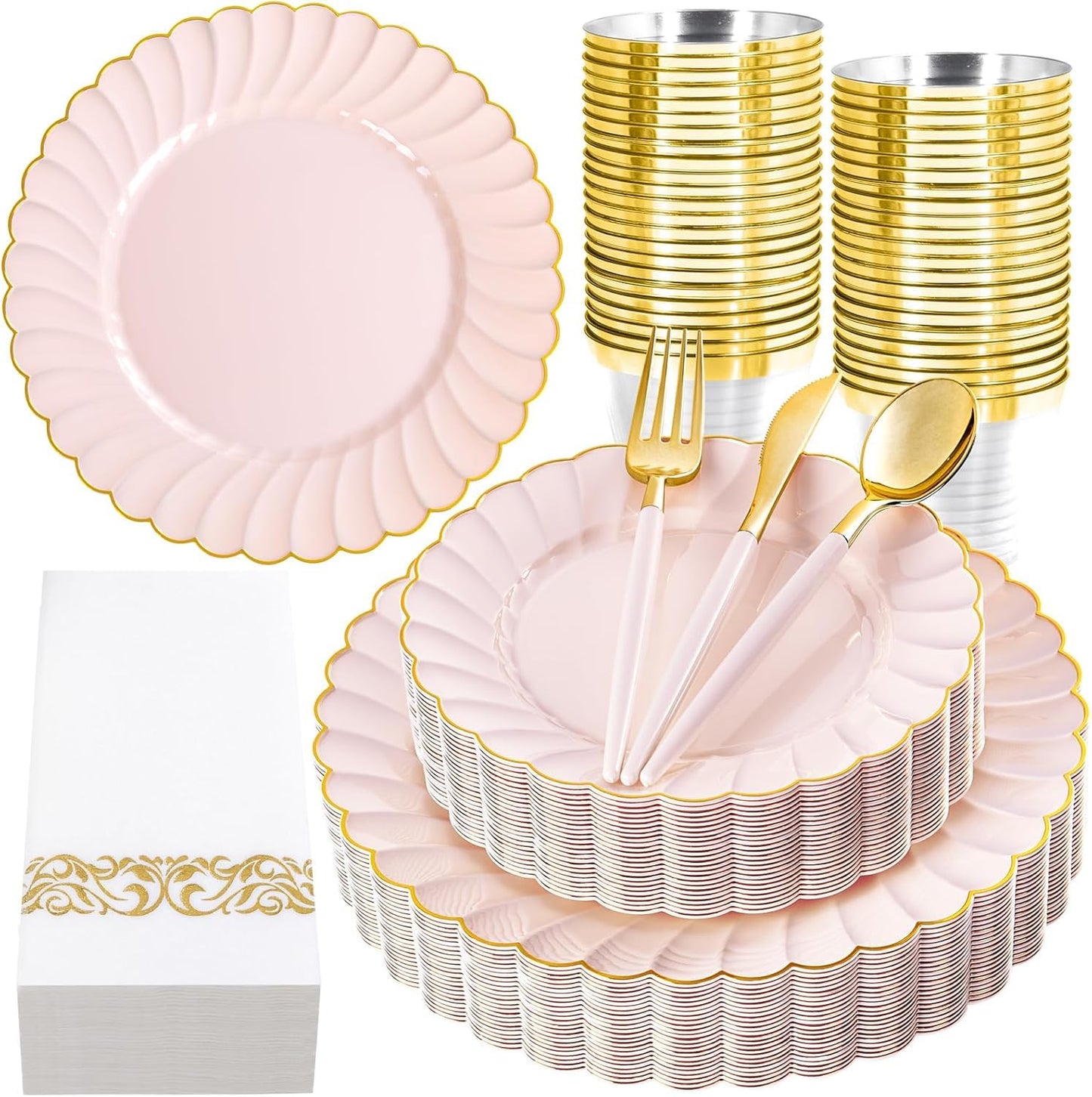 Ciaell 175 PCS Pink Scalloped Plastic Plates with Gold Trim - Pink Plastic Silverware with Handle - Fancy High-End Dinnerware Sets for Wedding & Baby Showers & Party