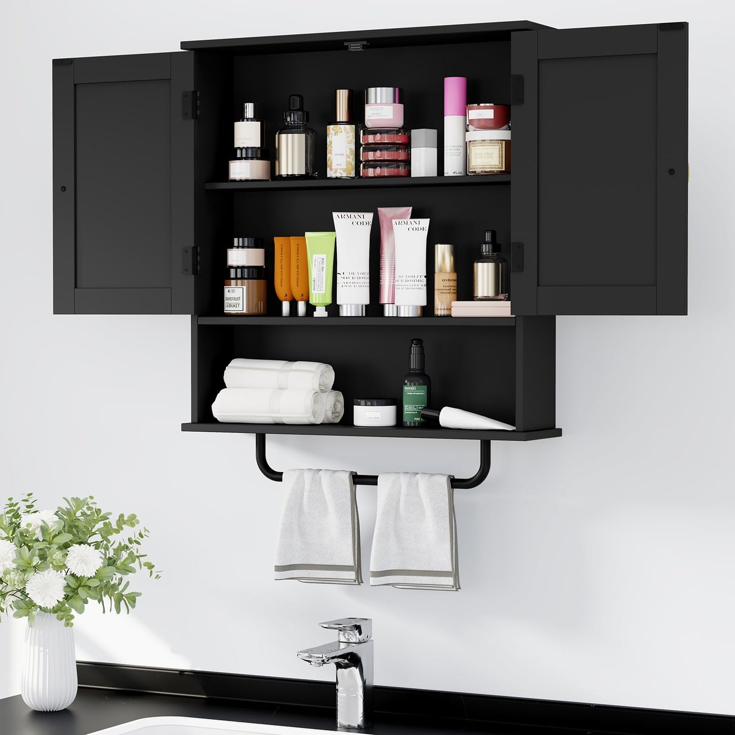 RRX Bathroom Cabinet Wall Mounted Medicine Cabinets with Towels Bar, Over The Toilet Storage Cabinet with 2 Doors and Adjustable Shelf, White Wall Cabinet for Bathroom Laundry Kitchen (Black)
