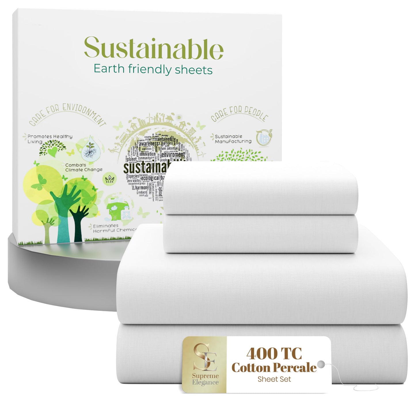 SUPREME ELEGANCE 4 Pcs 100% Cotton Queen Sheet Set, Snow White, 400 Thread Count, Percale Weave, Deep Pocket Fitted Sheet, Crisp Hotel Style Bed Sheets, Cooling, Long Staple Cotton Bedding