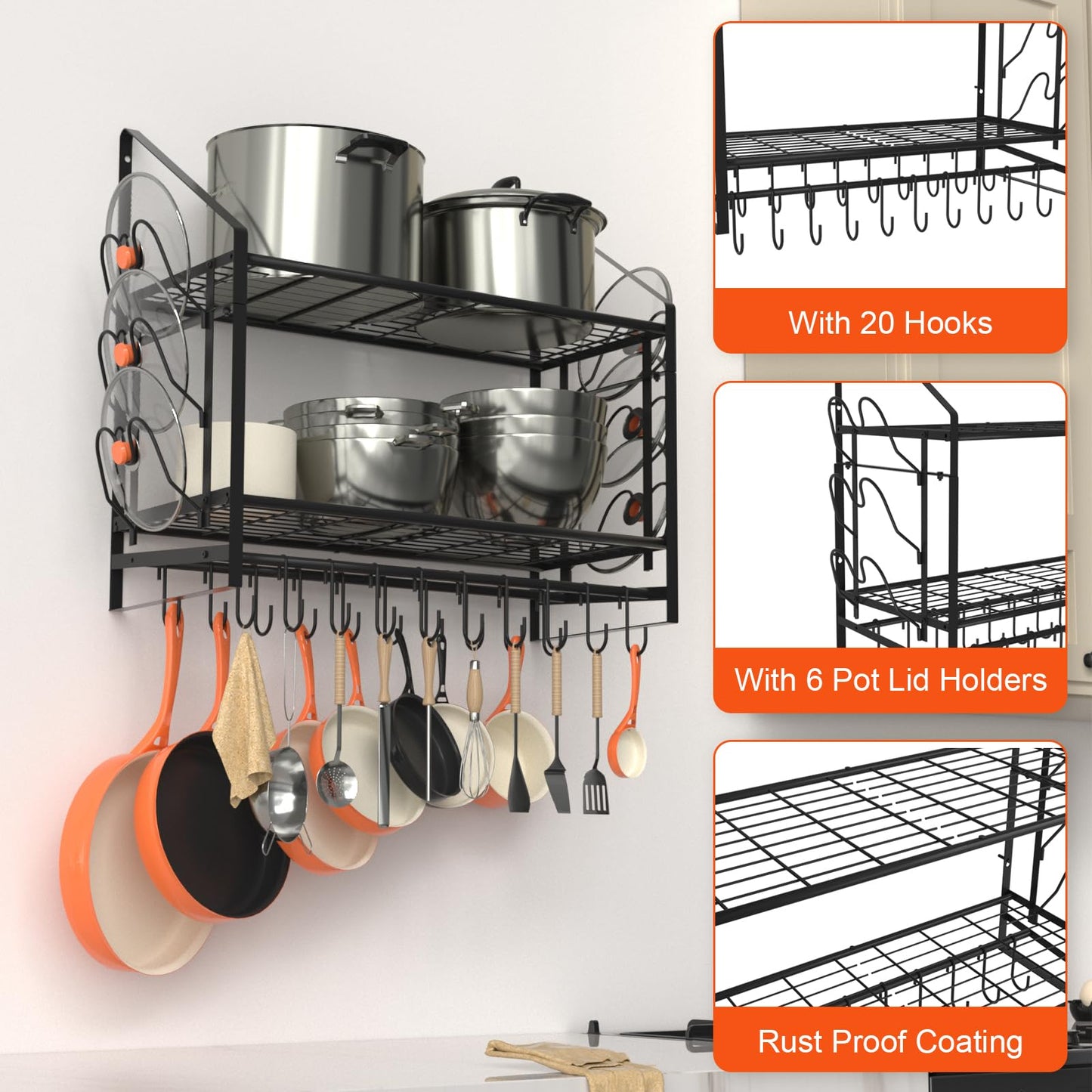 VyGrow 28 Inch Pot Rack Wall Mounted, 2 Tier Pots and Pans Organizer with 20 Hooks and 6 Pot Lid Holders, Heavy Duty Steel Pot and Pan Hanger for Kitchen Cookware Utensils Storage 34.7" Lx13 Wx26.4 H