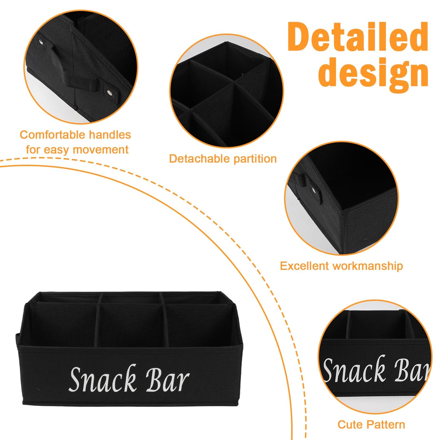 Xbopetda Snack Organizer for Countertop, Fabric Snack Bar Station with Handles, 6 Compartment Container, Black 【Patent Pending】