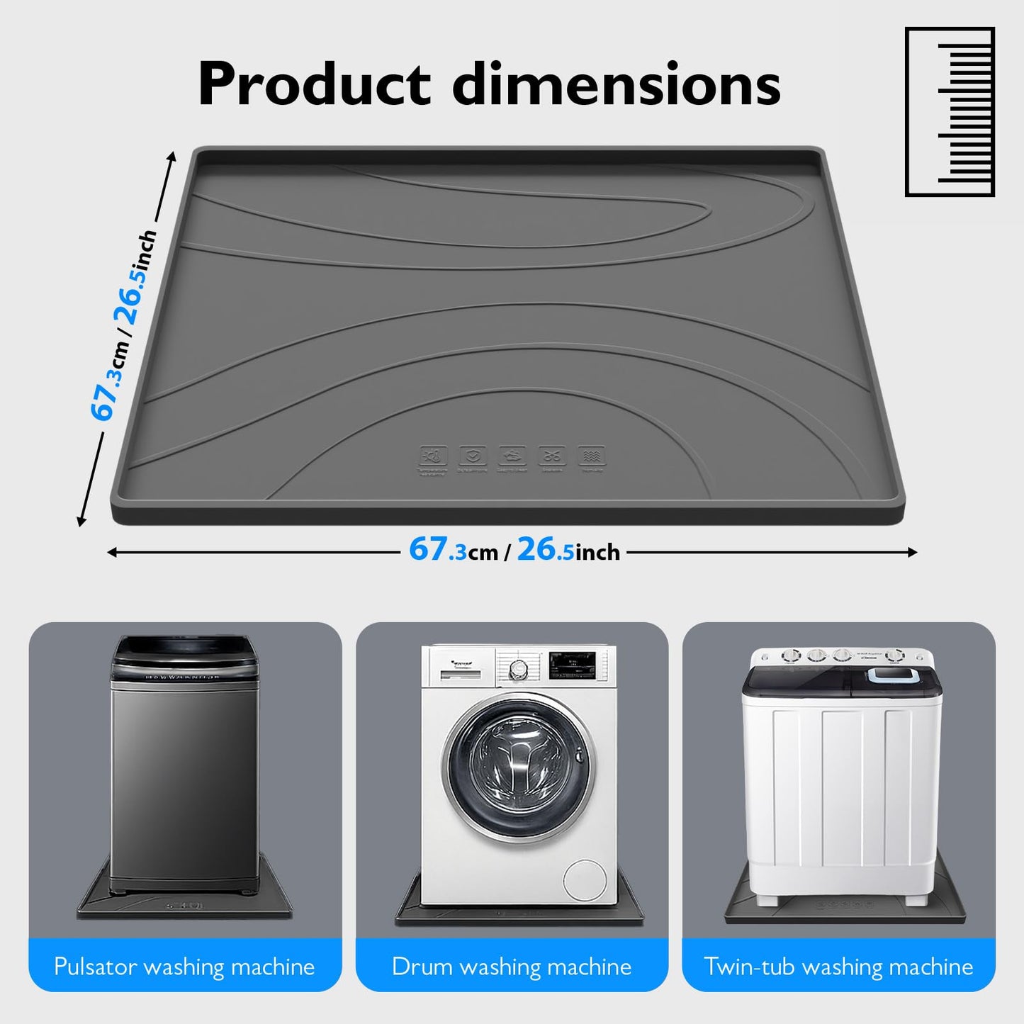 Washing Machine Drain Pan Silicone Mat,Extra Thick 26.5x26.5inch Non-Slip Waterproof Washer Tray,Raised Edge Drip Mat for Under Dryer or Washer,Anti-Vibration,Floor Leak Protector for Laundry Room