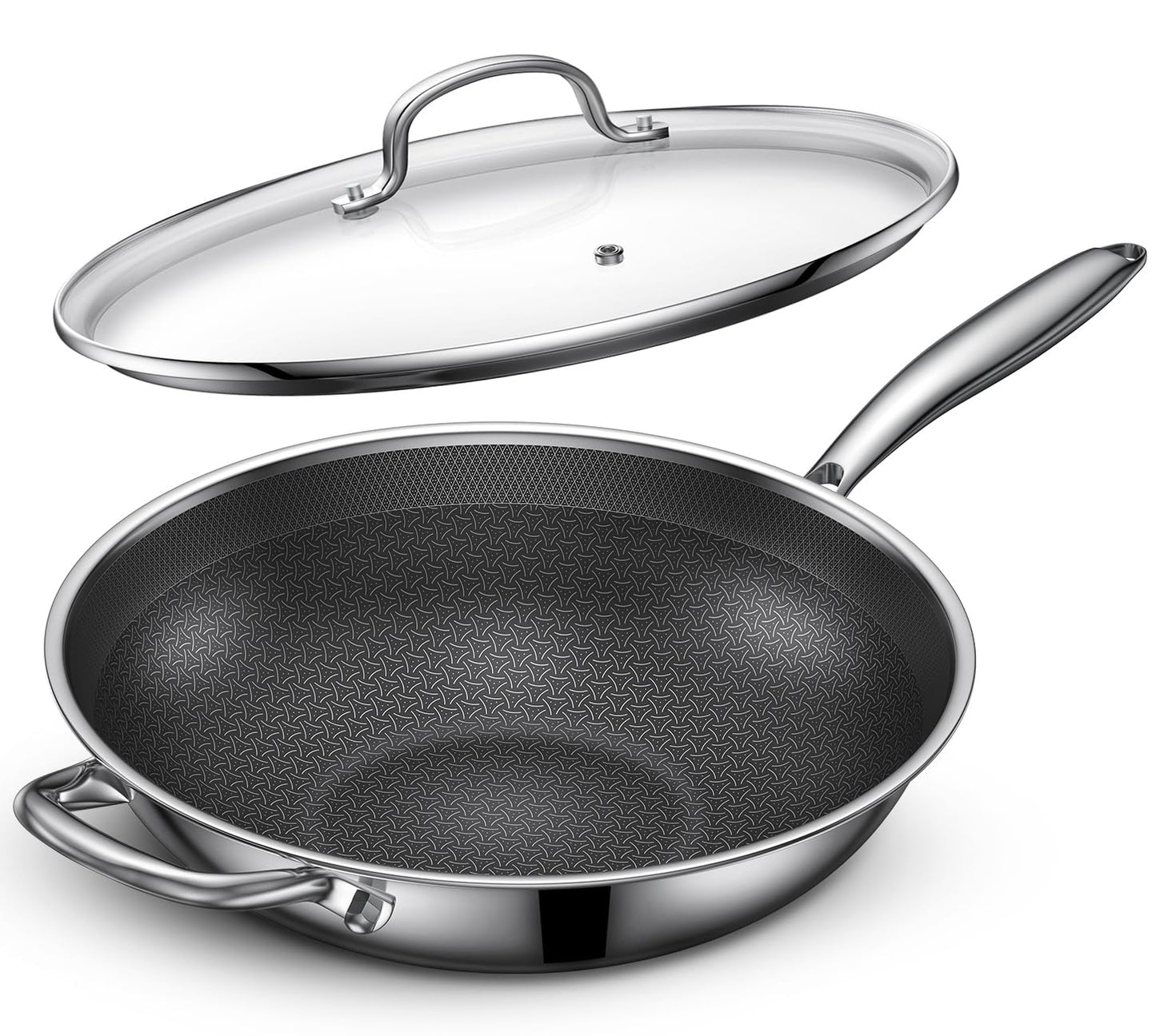 Uven Traoqq 12.5-Inch Hybrid Stainless Steel Wok Pan with Lid, Laser-Textured Nonstick Stir Fry Pan, PFOA-Free, Induction Compatible, Oven & Dishwasher Safe for All Cooktops