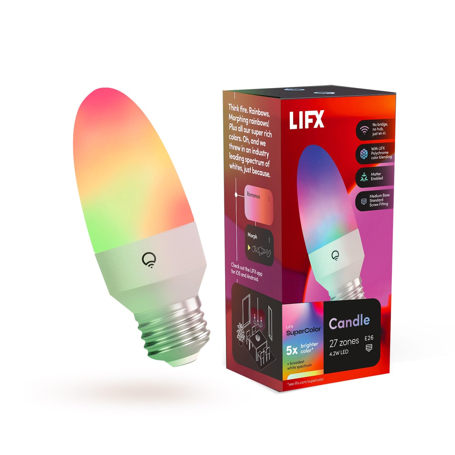 LIFX Color Smart Candle LED Bulb, E26 Base, Wi-Fi RGBW Flame Effect with 26 LED Zones, Dimmable, Flame & Morph Modes, App + Voice Control (Alexa, Google, Siri), 1500K–9000K Tunable White, LFX/ETF