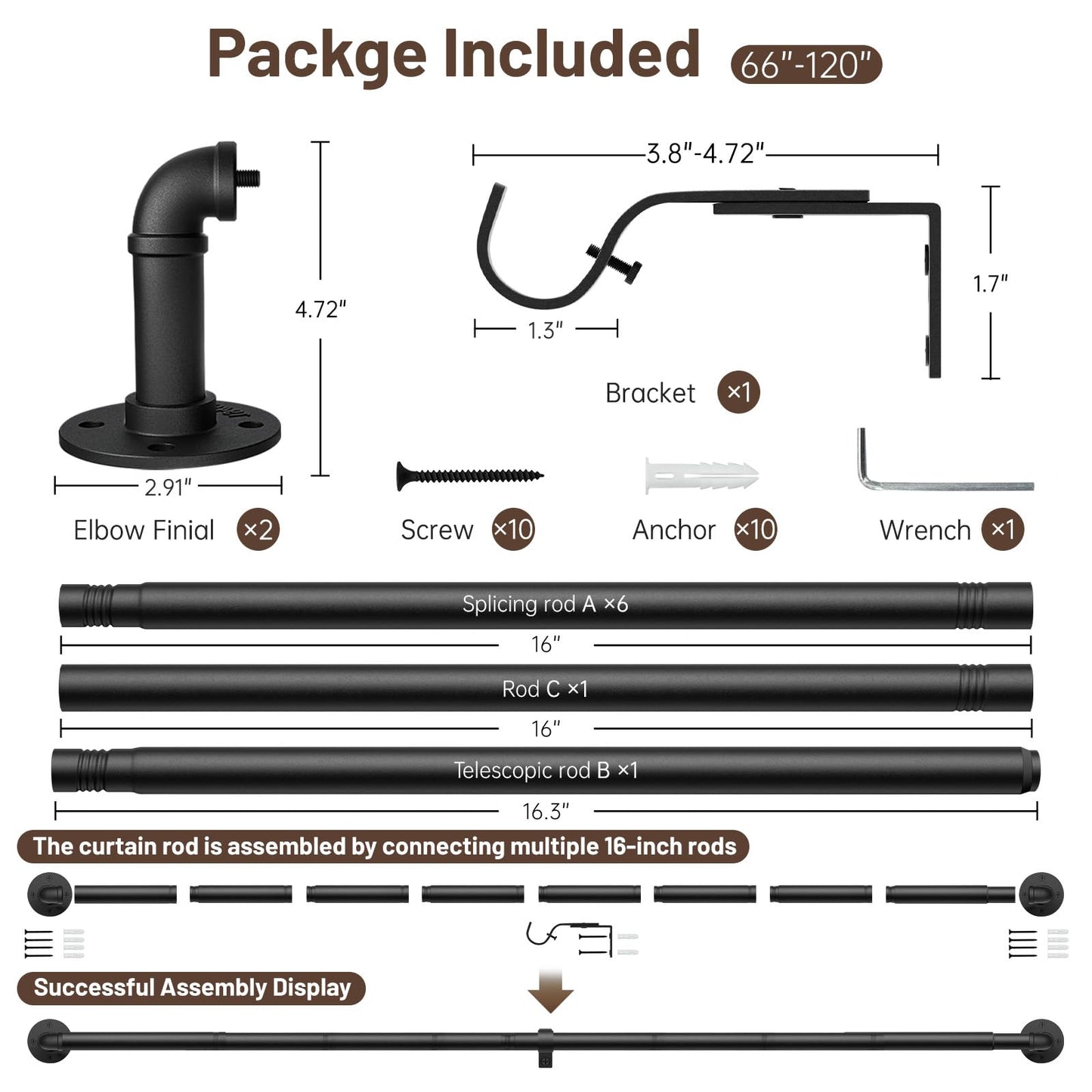 Zeerobee Curtain Rods for Windows 66 to 120, 1 Inch Industrial Wrap Around Black Curtain Rod, Indoor/Outdoor Room Divider Adjustable Drapery Pole, 66"-120"