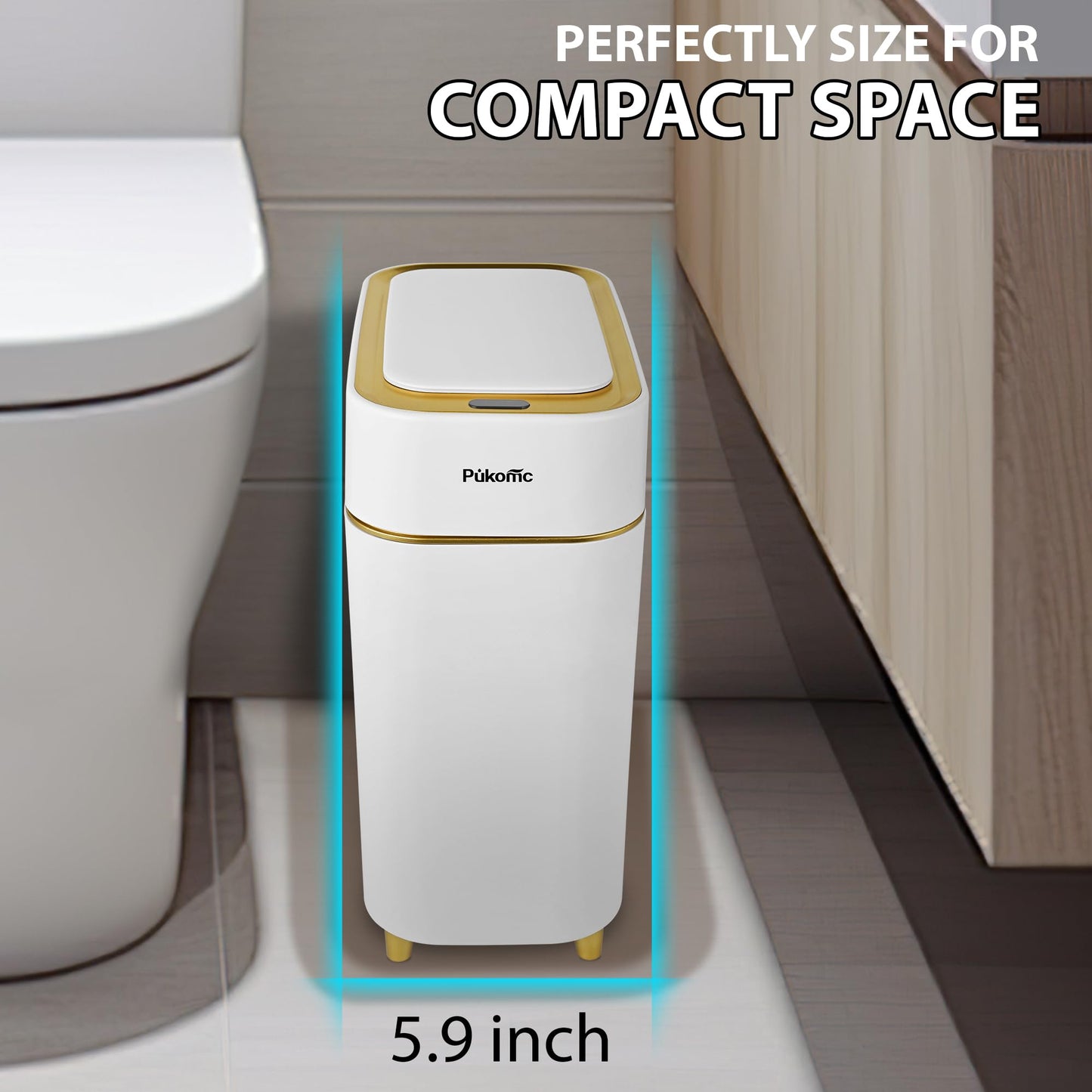 Pukomc 2.3 Gallon / 9L Automatic Adsorption Sensor Trash Can, White Gold Motion Sensor Garbage Bin with Suction, Slim Fashionable Design for Kitchen, Bathroom, Office & Small Space