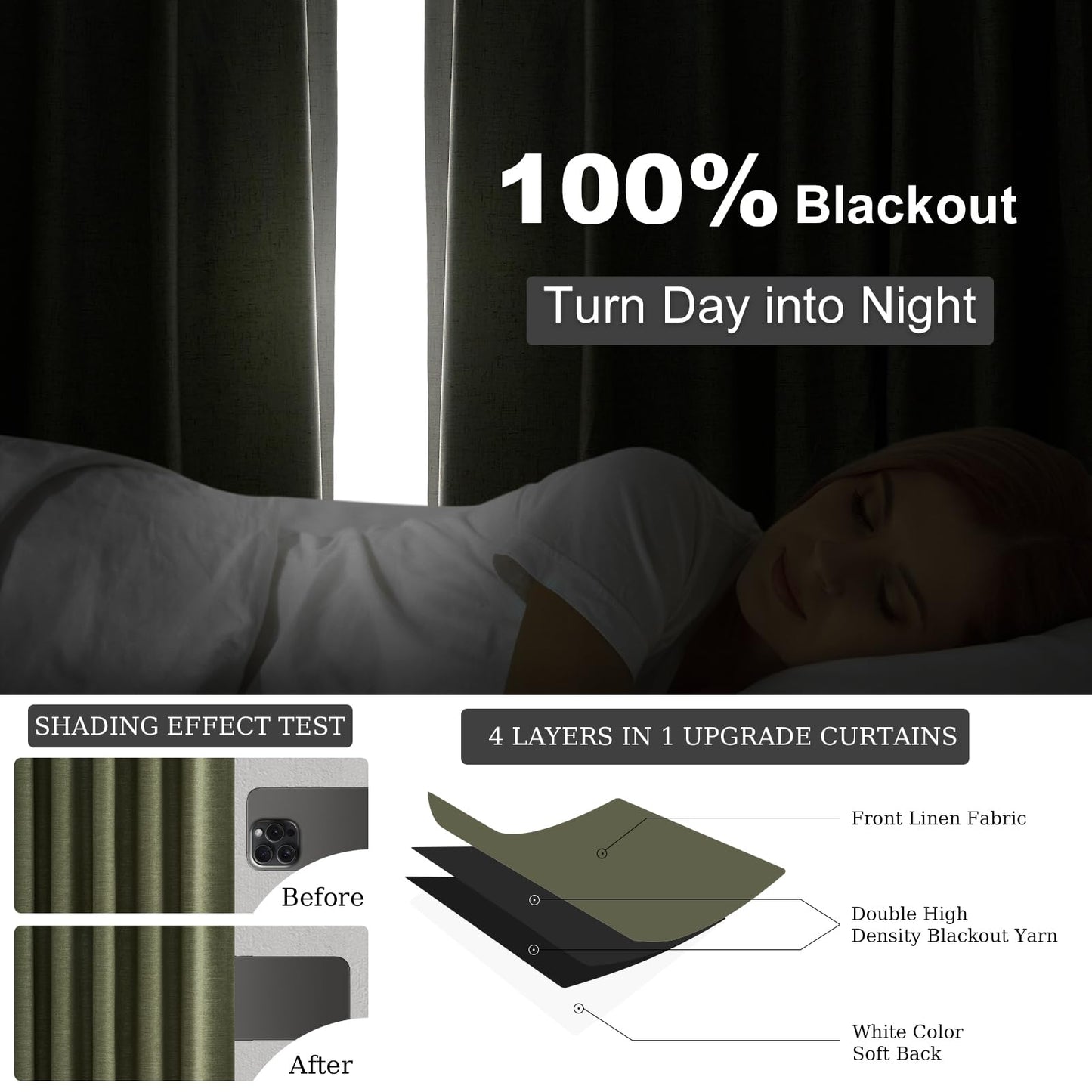 Topfinel Olive Green Linen Blackout Curtains 84 Inch Long for Living Room,Pinch Pleated Drape with Hooks Back Tab Boho Decor, Olive Forest Loden Full Black Out Curtains for Bedroom