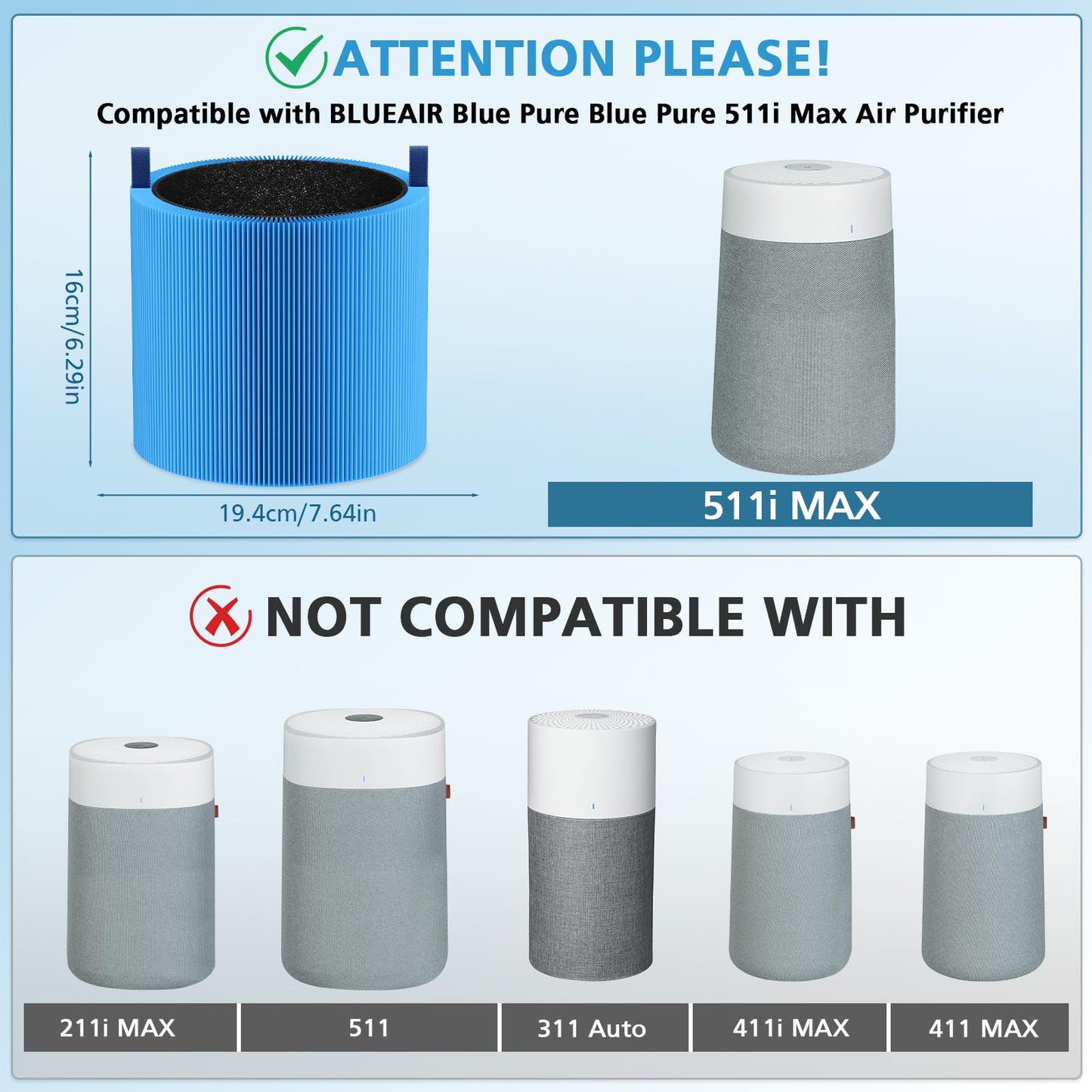 2-pack 511i MAX A11ergenBlock Replacement Filter Compatible with BLUEAIR HEPASilent Air Cleaner, Blue Pure F5MAX, Model Blue Pure 511i Max, BLUE