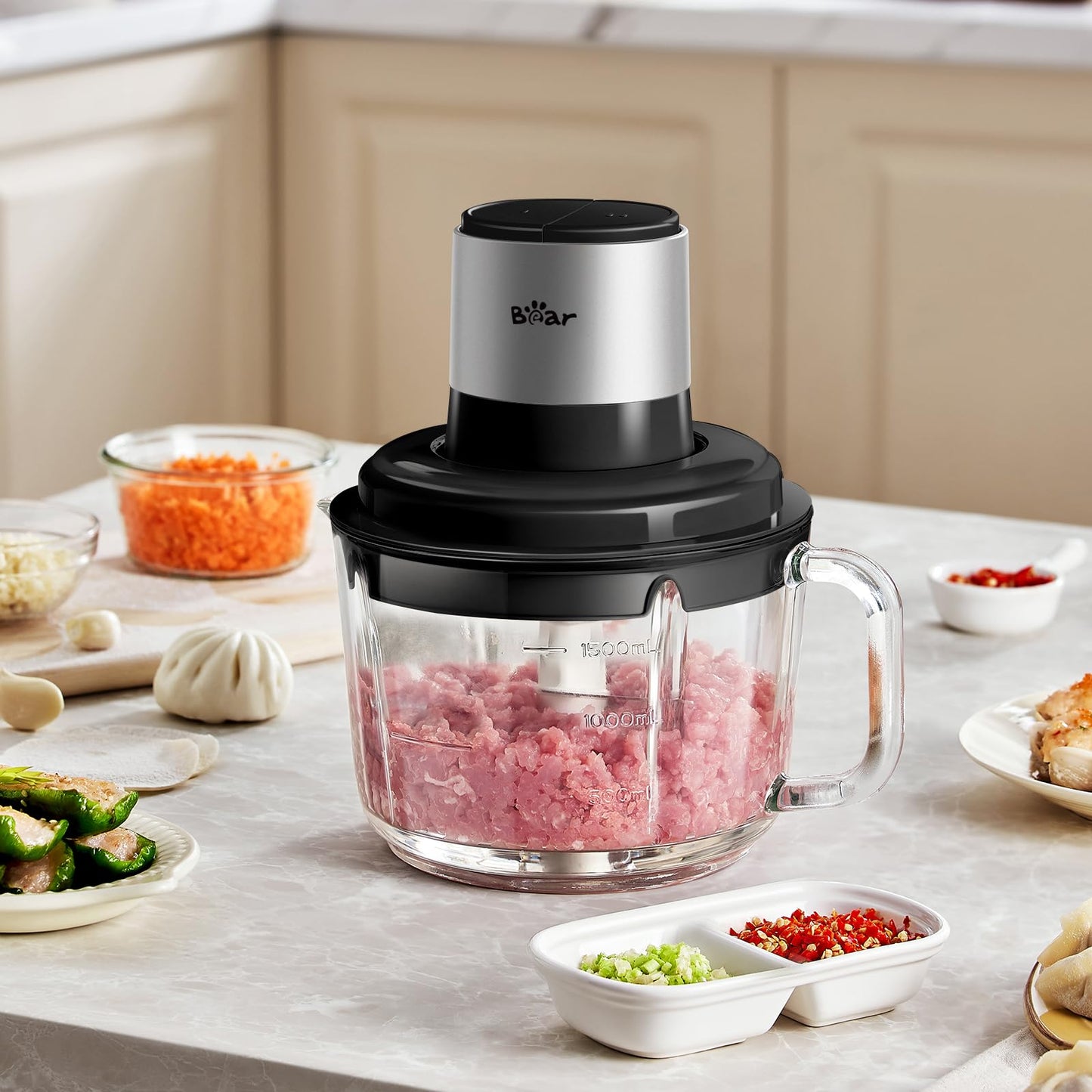 Bear Food Processor, Electric Food Chopper with 8 Cup/2L Handheld Glass Bowls, No-Hole 4 Bi-level Stainless Steel Blades for Easy Cleaning, 2 speed 400W Power Motor Grinder for Meat, and Baby Food
