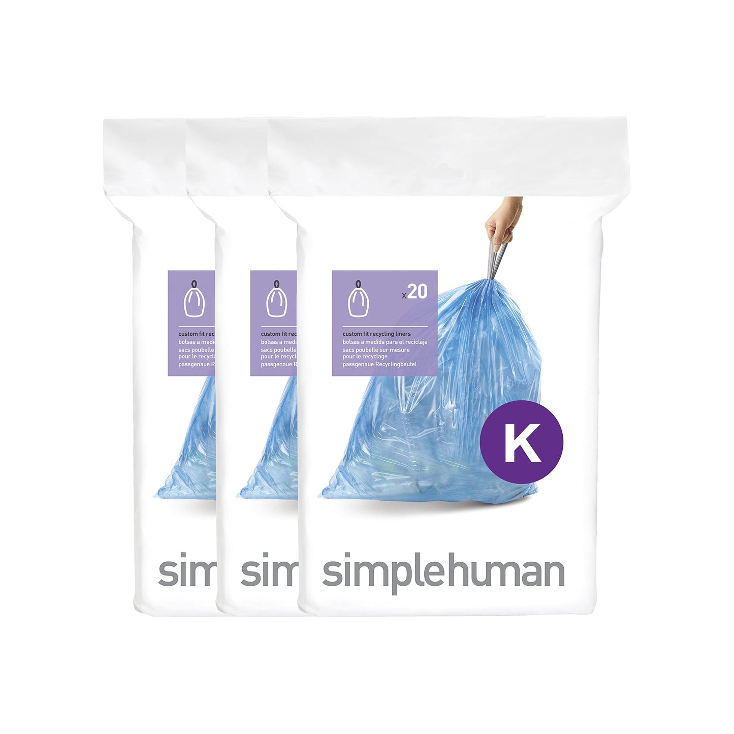 simplehuman Code K 60 Count, Genuine Custom Fit Liners, Drawstring Trash Bags in Dispenser Packs, 35-45 Liter / 9.2-12 Gallon, Blue
