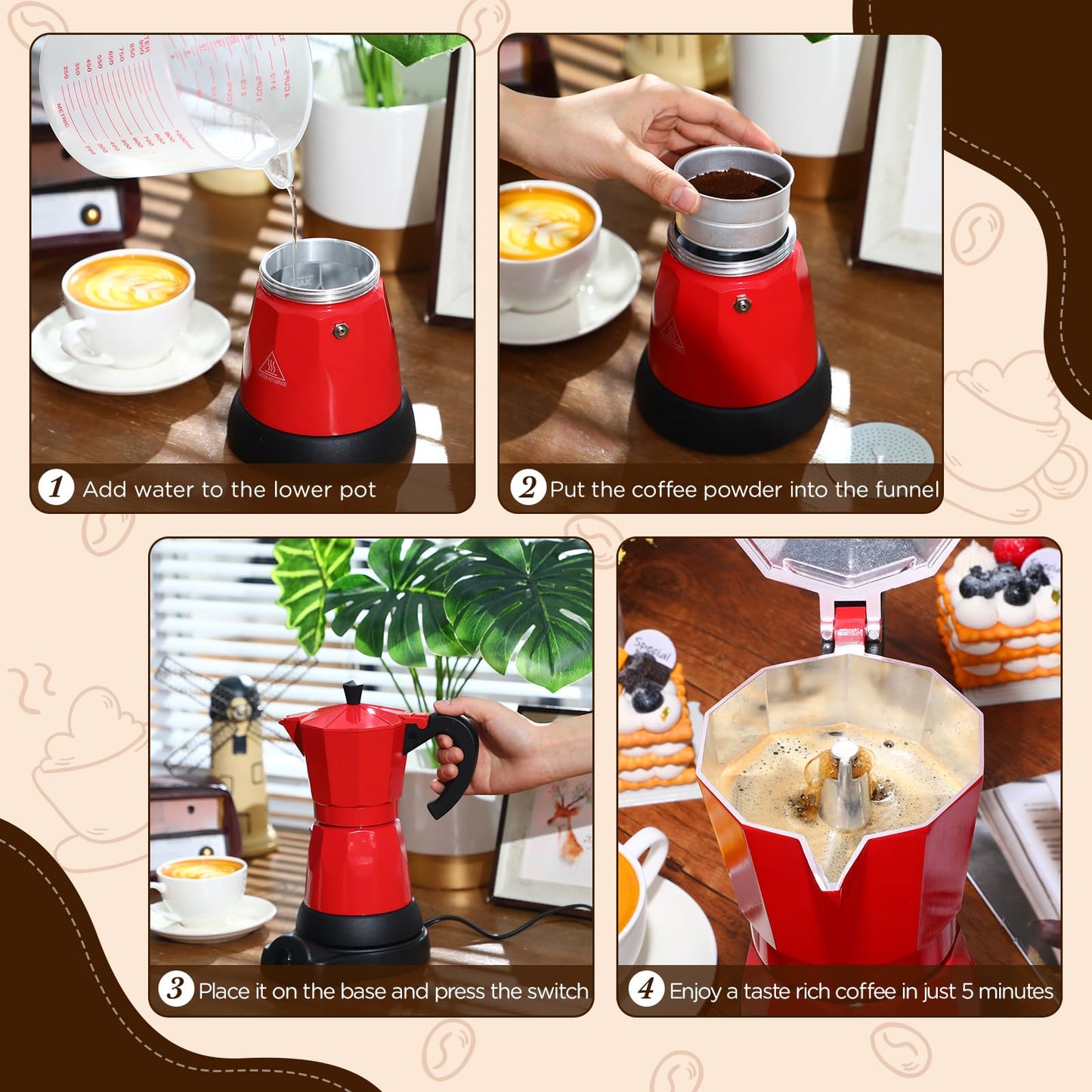 Lemosae Coffee Pot 6 Cup Electric Espresso Coffee Maker Italian Moka Maker 300ml Portable Aluminum Espresso Machine Cafetera Moka Pot with Detachable Base, Gift for Home Travel(Red)