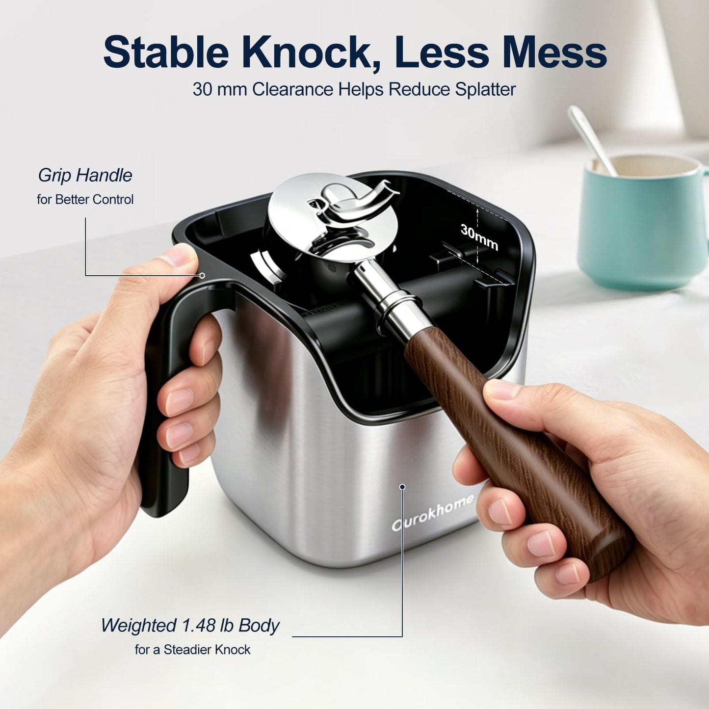 Ourokhome Espresso Knock Box with Lid, Compact Coffee Grounds Container for Home Coffee Bar, Removable Knock Bar, 304 Stainless Steel Exterior, Non-Slip Base & Handle, Easy Clean