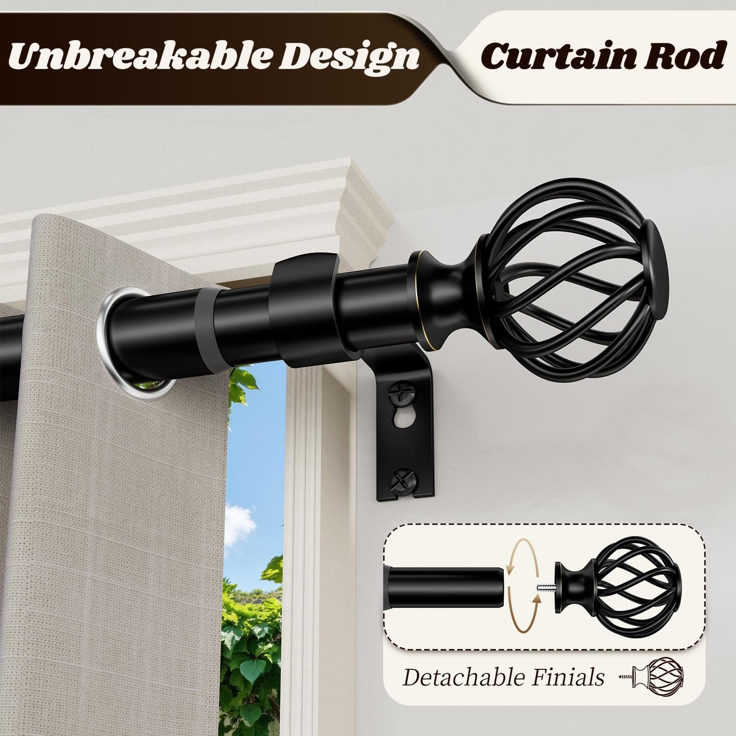 Curtain Rods for Windows 36-120 Inch(3-10Ft), Matte Black Long Decorative Curtain Rod Adjustable, Heavy Duty 1 Inch Drapery Rod for Living Room Bedroom Kitchen Outdoor
