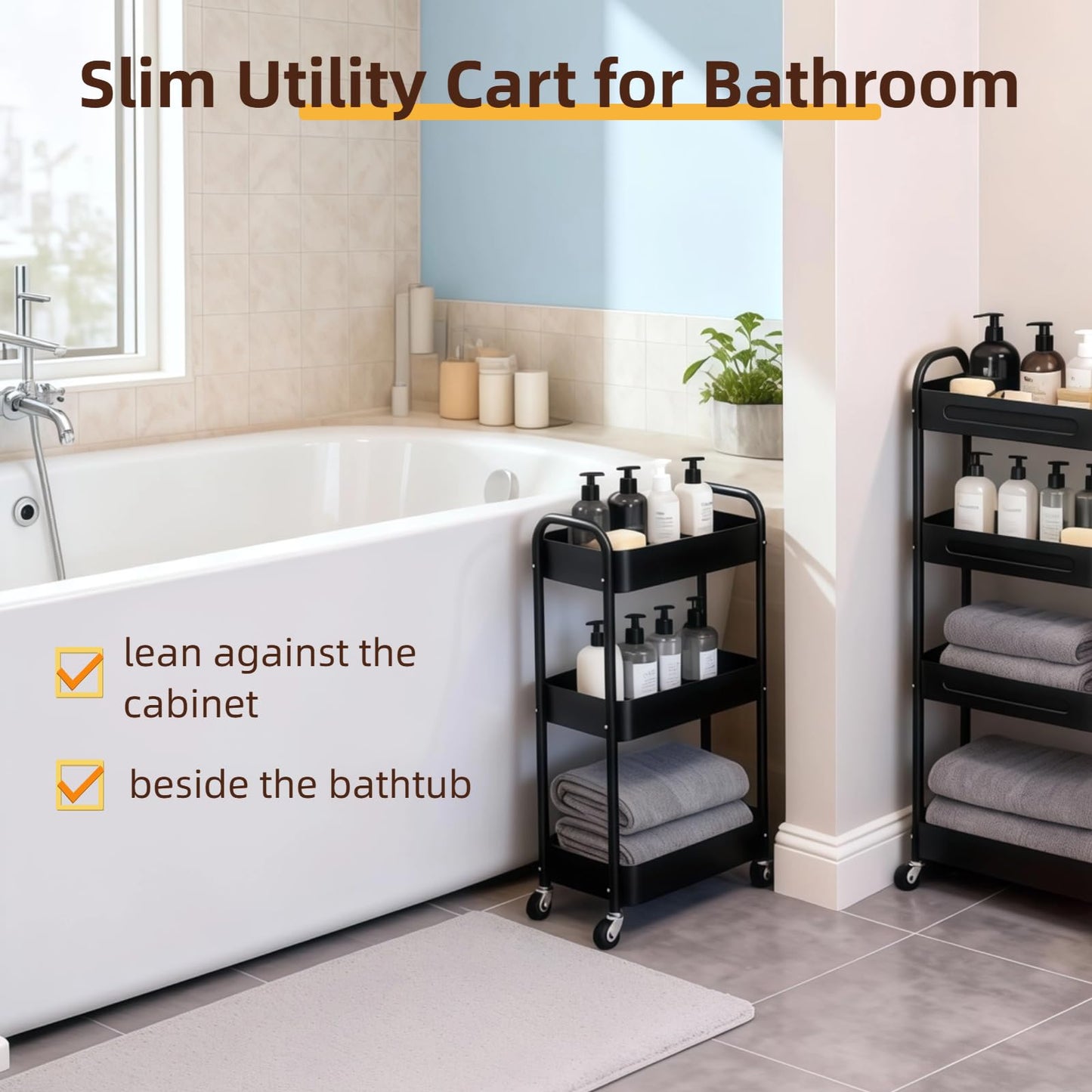 LIWNYRK 3 Tier Slim Metal Rolling Storage Cart for Laundry Room & Kitchen Organizer, 7.1'' Thin Standing Shelf for Narrow Spaces, Utility Cart with Wheels & Lockable Casters for Bathroom, Black