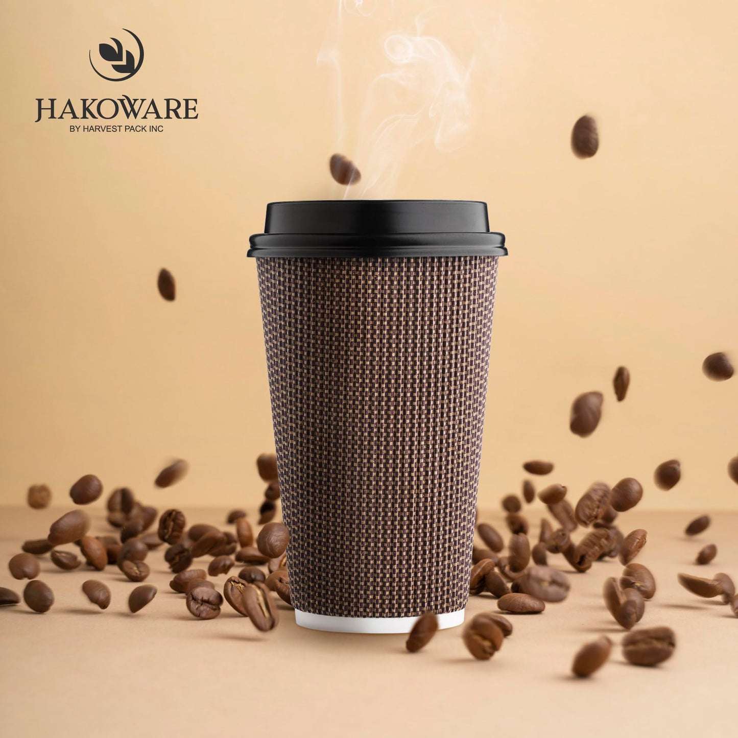[85 SET]Harvest Pack 16 oz Disposable Coffee Cups, Insulated Ripple Double-Walled Paper Cups with Lids, Brown Geometric, Hot Paper Cups for Tea Chocolate Party Drinks To go coffee cups