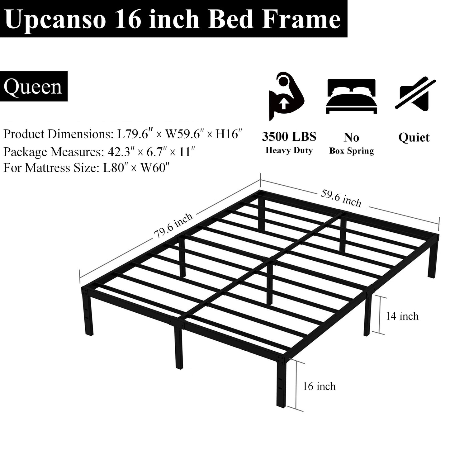 Upcanso 16 Inch Queen Bed Frame No Box Spring Required, Metal Platform Queen Size Bed Frames with 14 Inch Storage, 3,500 lbs Heavy Duty Steel Slats Support, Easy Assembly Mattress Foundation