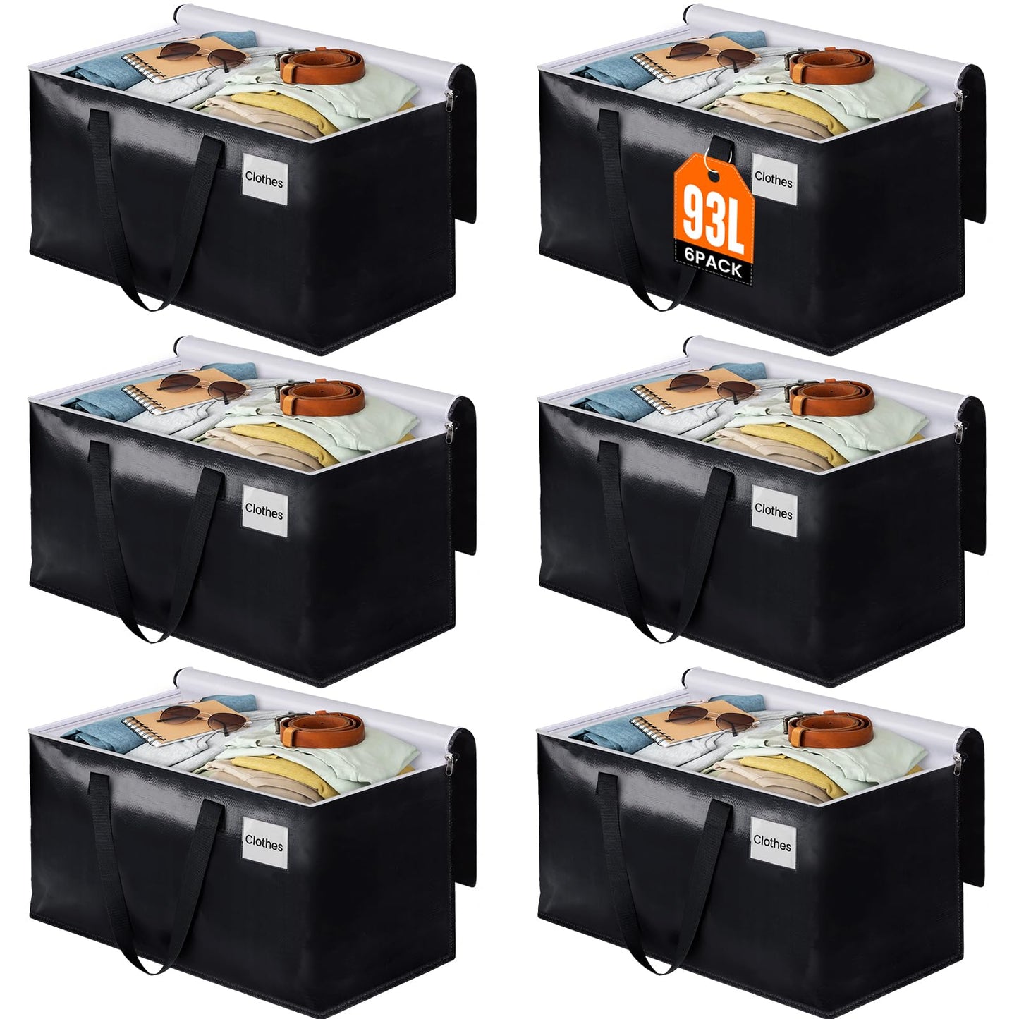 BlissTotes Collapsible Moving Bags - Heavy Duty Boxes with Zippers and Handles, Space Saving Packing Totes for Moving Supplies Storage (93L, 6-Pack, Black)