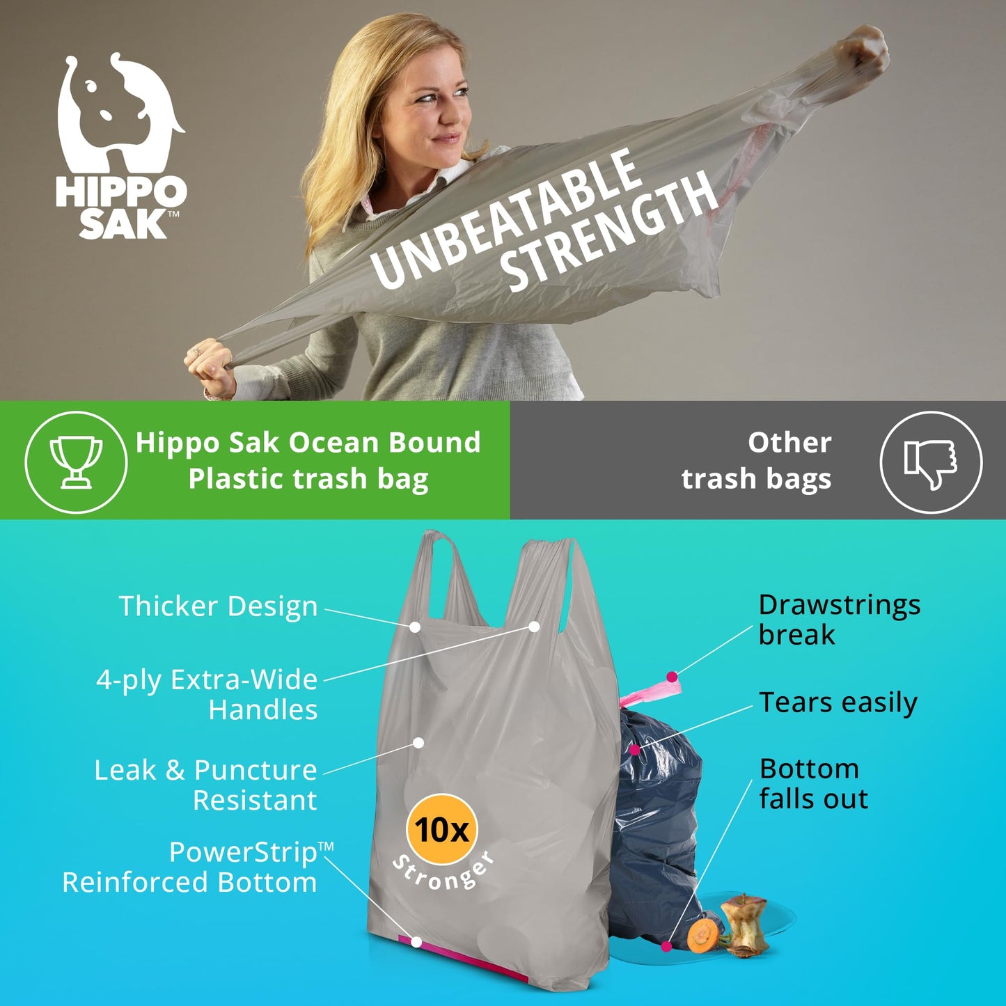 Hippo Sak - Tall Kitchen Garbage Bags with Ergonomic Handles - 13 Gallon Trash Bags Made from Recycled Ocean Bound Plastic - Super Strong and Leak Proof Tall Kitchen Trash Bags (90 Count)