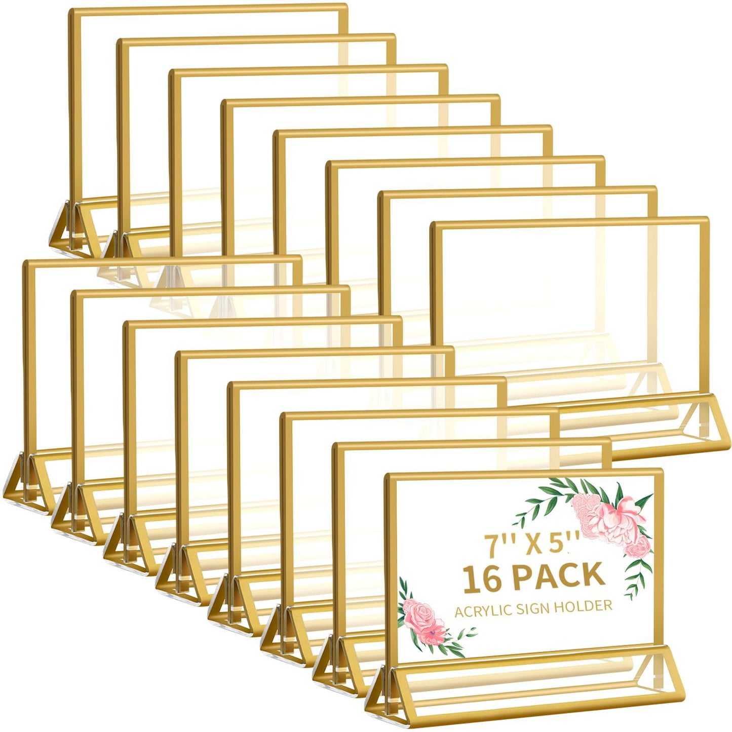 Smarpau 5x7 Acrylic Sign Holder with Gold Frames，16 Pack Wedding Table Number Holders，Double Sided Table Menu Acrylic Sign，Horizontal Picture Frame，Restaurant Sign，Photos Display，Paper Display Stand