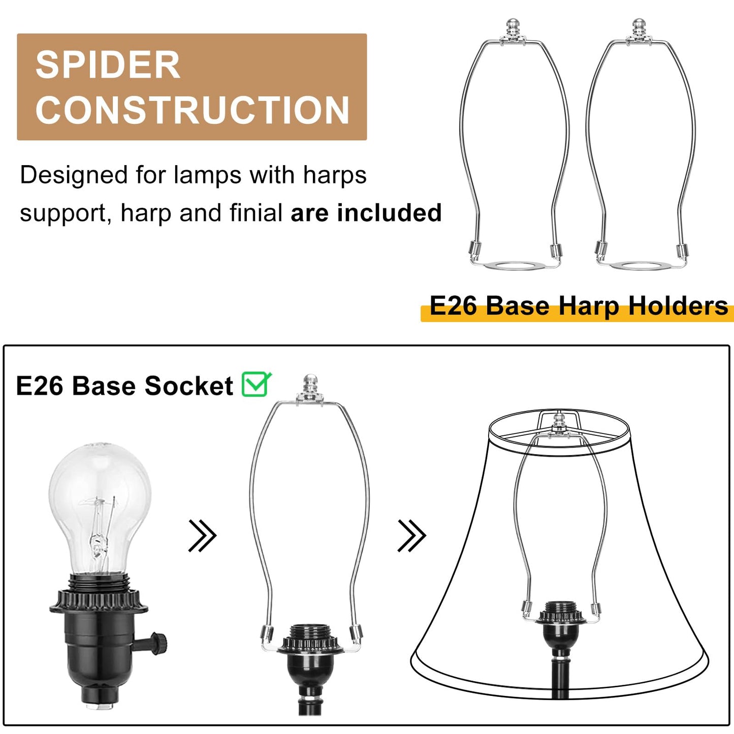 Bell Lamp Shades Set of 2, 6"Top x 13"Bottom x 10"High, Beige Shade Replacement for Table Lamps, Floor Lamps, Fabric Natural Linen Hand Crafted(Spider Fitter), Harp Holders Included, Assembly Required