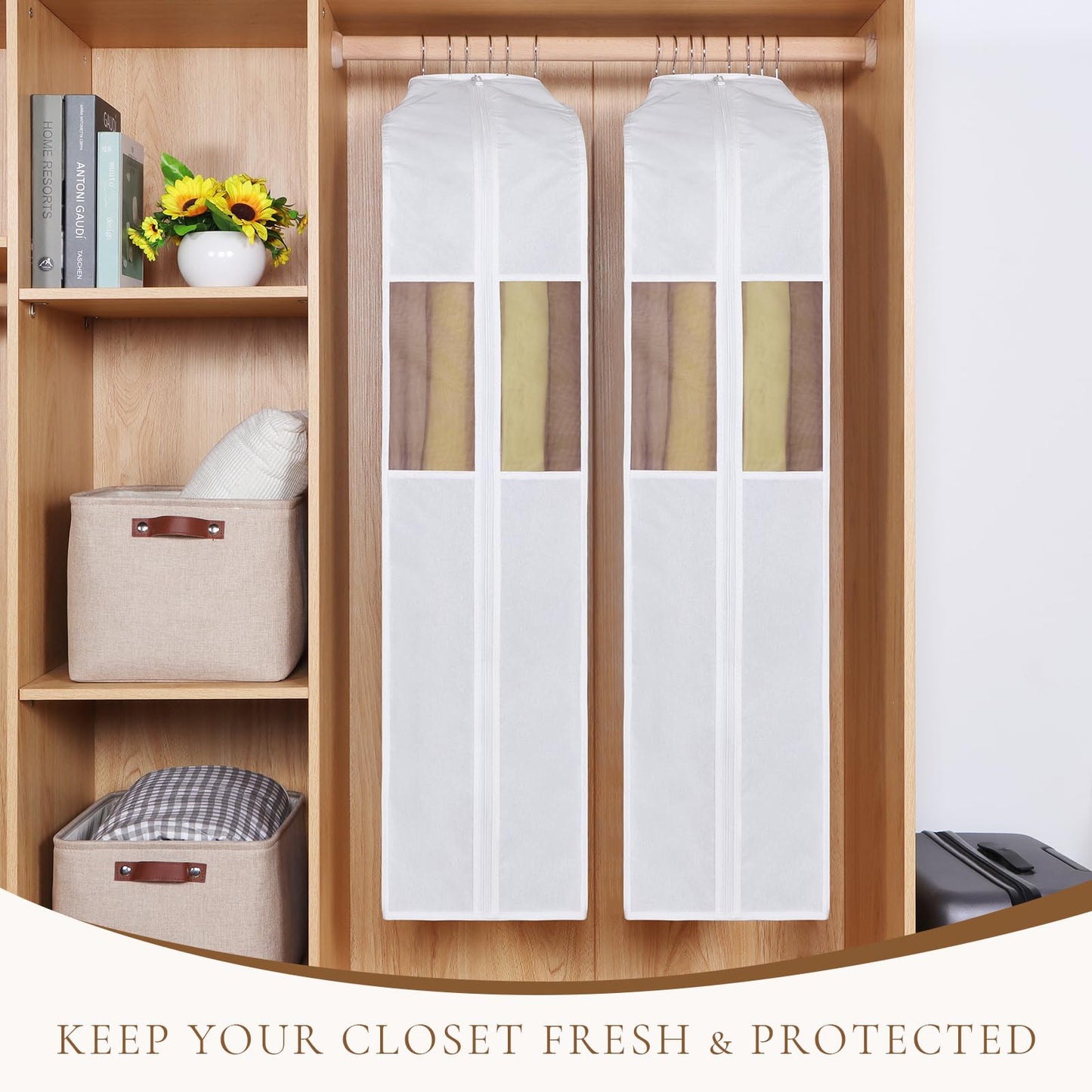 Univivi Premium Cotton Garment Bags for Hanging Clothes and Storage, 50 Inch Washable Suit Cover Bag with Extra Large 10" Gusset & Clear Window - Perfect for Suits, Coats, Jackets - 2 Pack