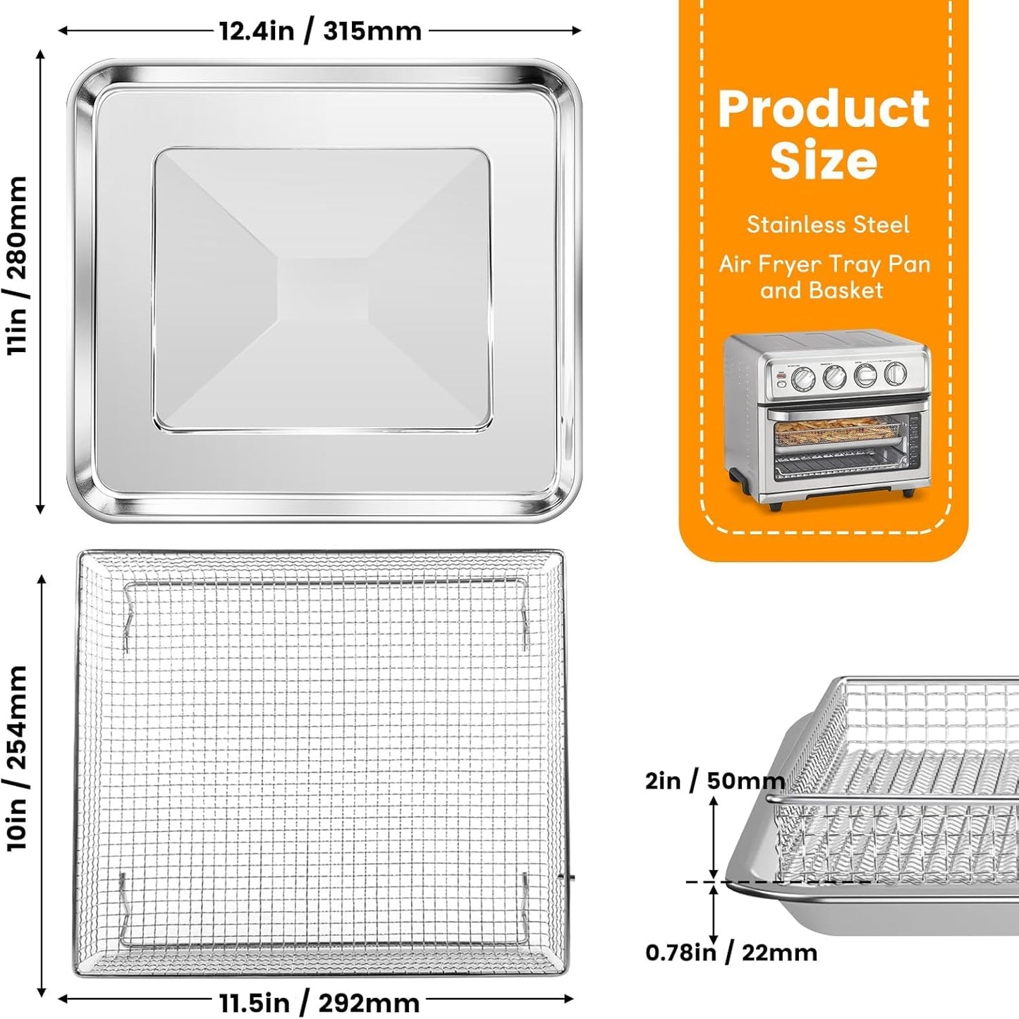 Air Fryer Basket Tray Replacement 2Pack for Cuisinart TOA-60 TOA-65 TOA-70, 2pcs 12.4 * 11'' Mesh Steel Basket Wire Rack Accessories, Dishwasher Safe