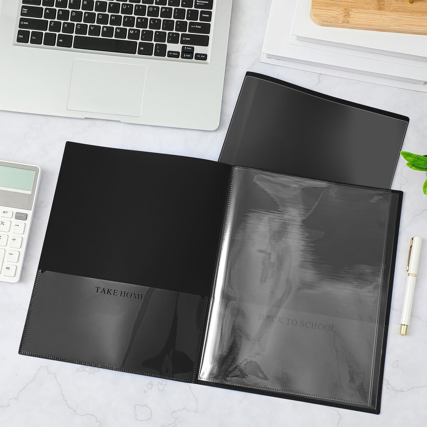 Henoyso 24 Pcs School and Home 2 Pocket Folders with 4 Clear Inner Pockets Plastic Heavy Duty Homework Folders Parent Teacher Communication for Student Home Office Classroom,11 x 9 Inch (Black)