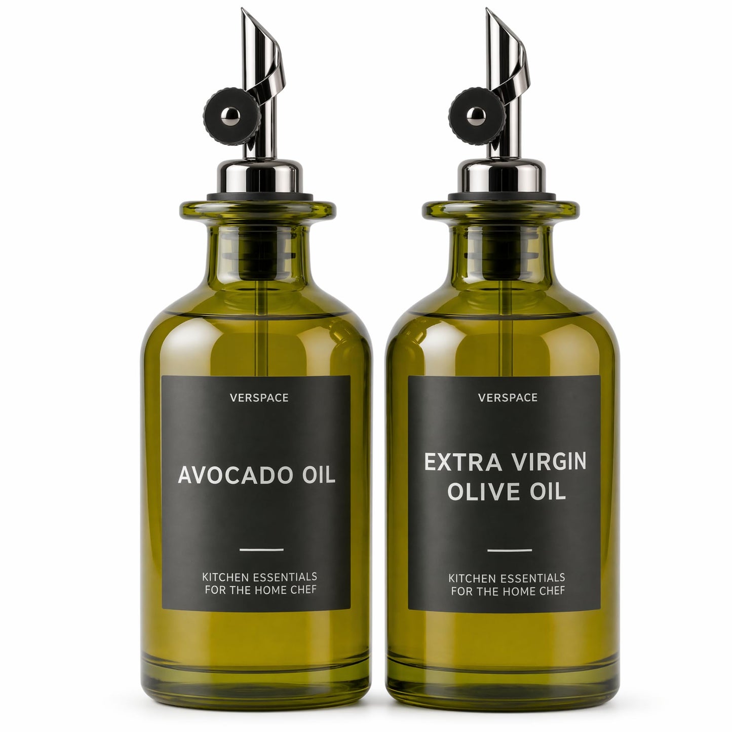 Verspace UV-Protected Green Glass Olive Oil Dispenser Bottles For Kitchen - 2 Pack - 12oz Includes 40 Kitchen Essential Labels, Avocado Oil Dispenser Set, Modern Decor for Home, Airbnb, Cafe
