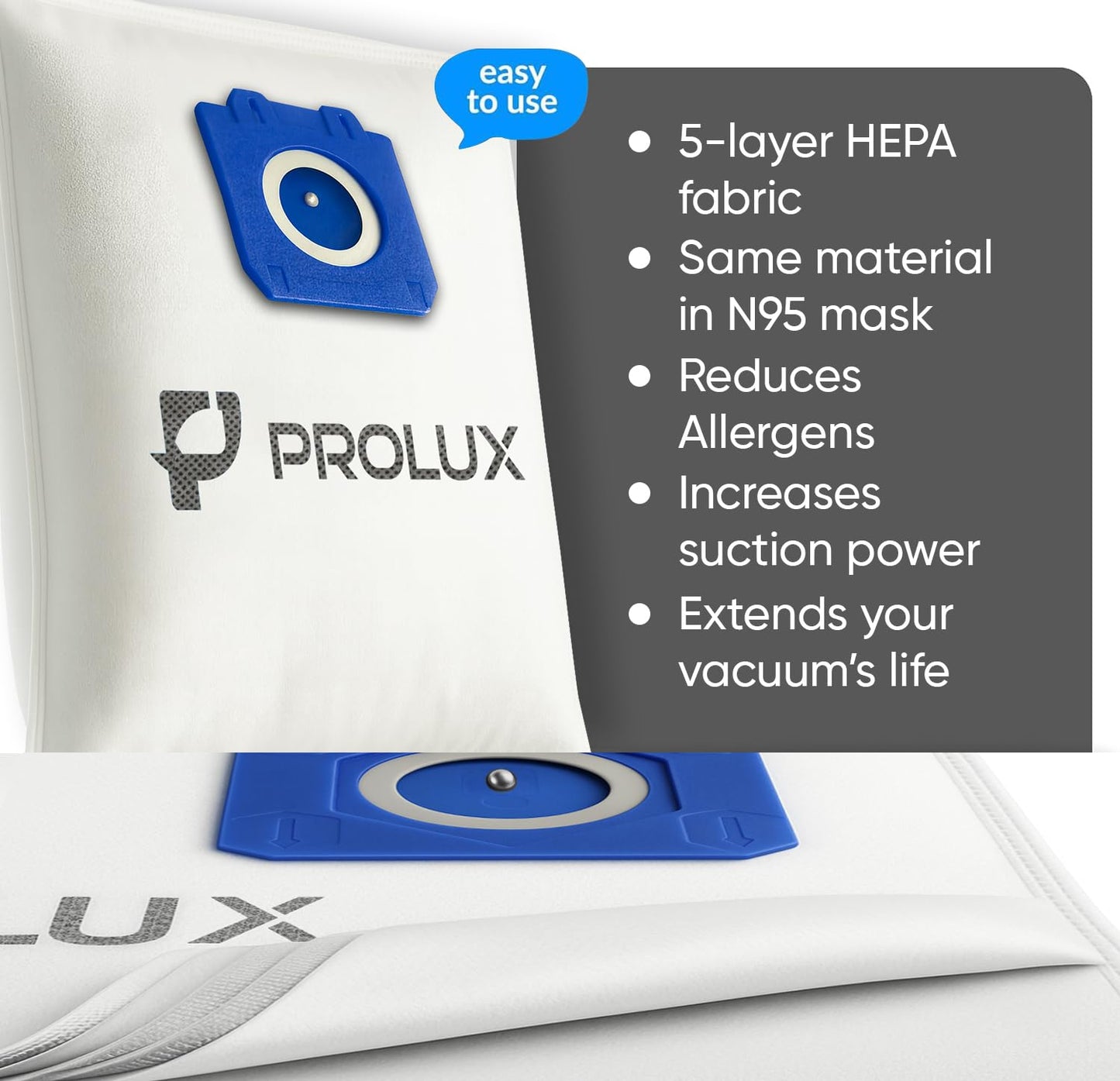 6 pack of HEPA bags and 2 post Filters for the Prolux 6000/7000/8000/9000 series upright vacuum cleaners