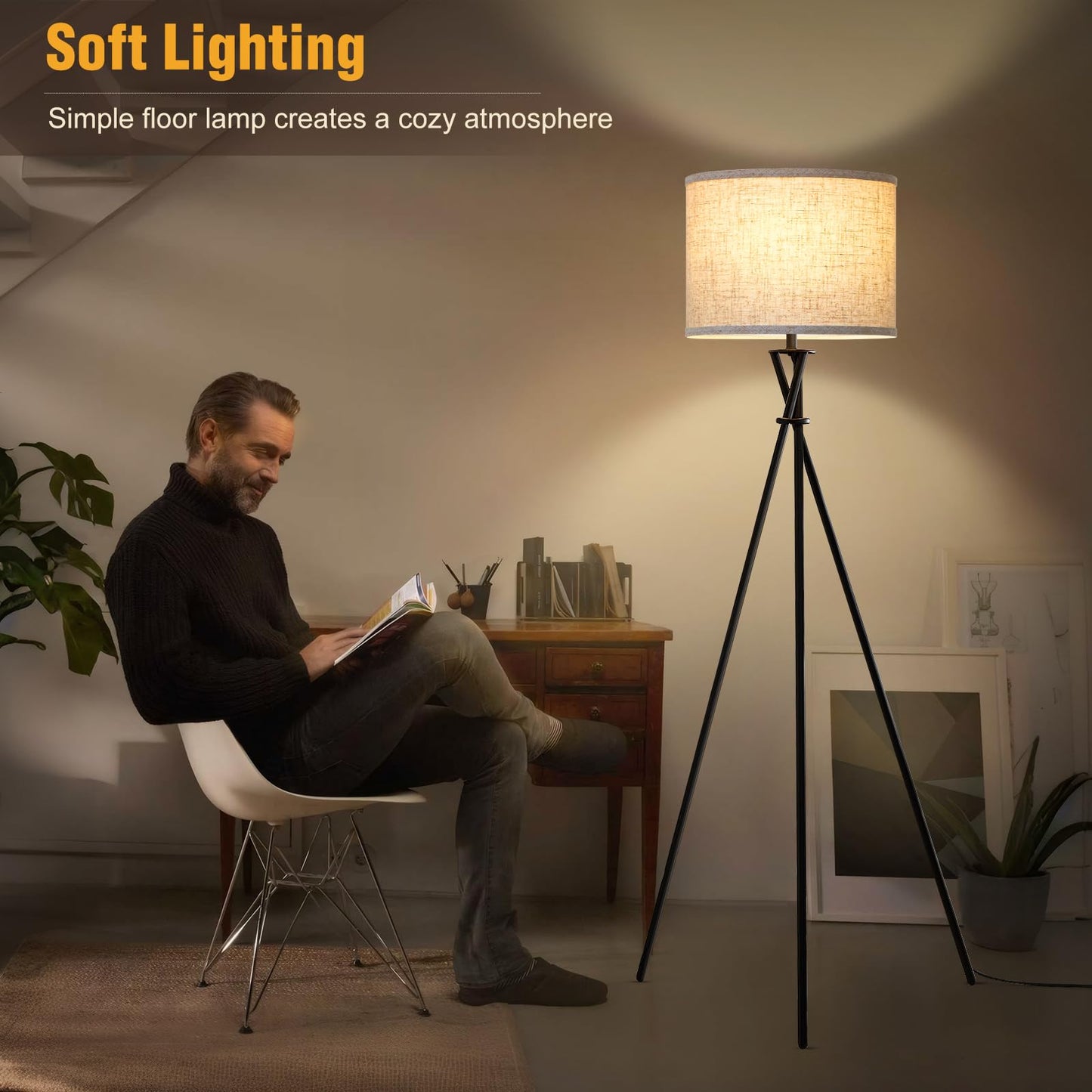 Tripod Floor Lamp Black, 61” Tall Floor Lamps, Standing Lamp with Rotary Switch, Modern Floor Lamp Simple Design with Beige Shade, Floor Lamps for Living Room, Bedroom, Office, Without Bulb