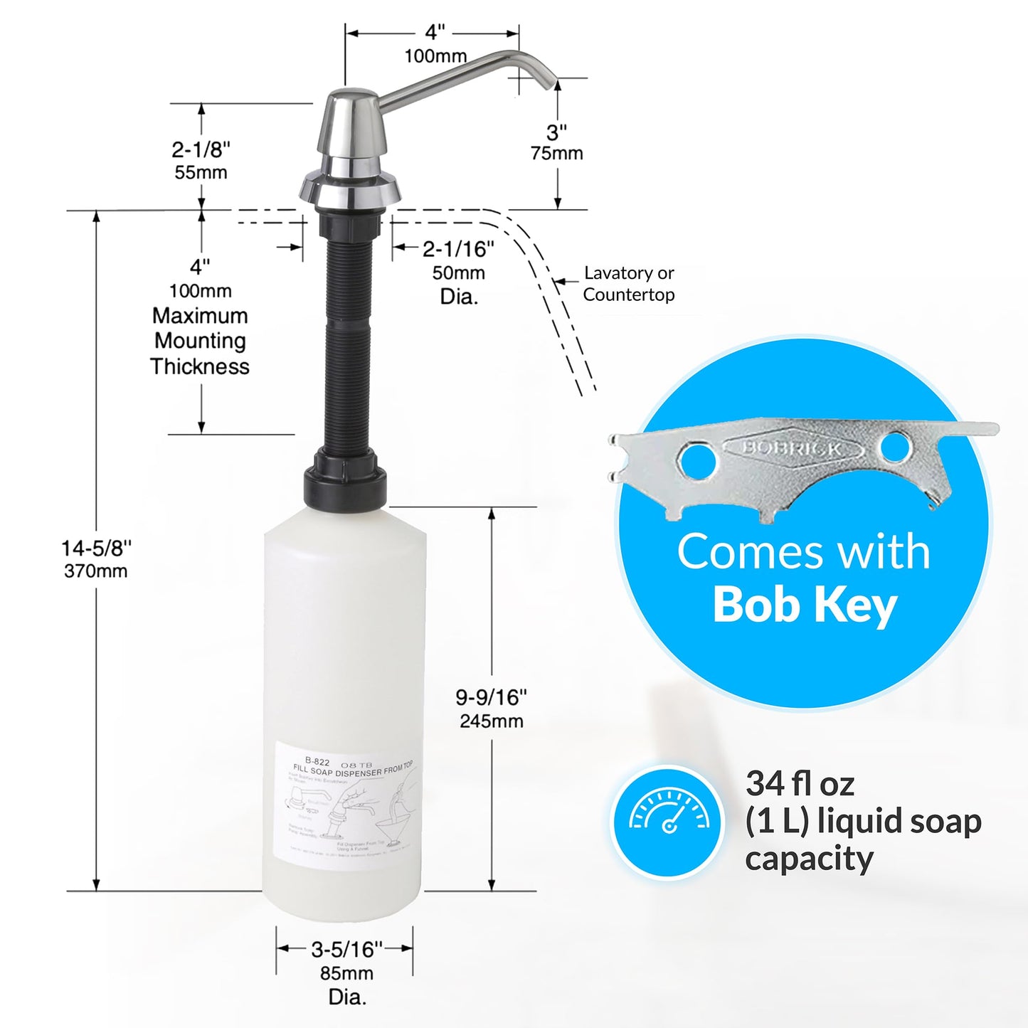 Bobrick B-822 Manual Top Fill Liquid Soap Dispenser 34 fl oz. (1L) Liquid Soap Capacity, 4- Inch Free-Turning Spout for Public Restroom Countertops, Chrome Finish