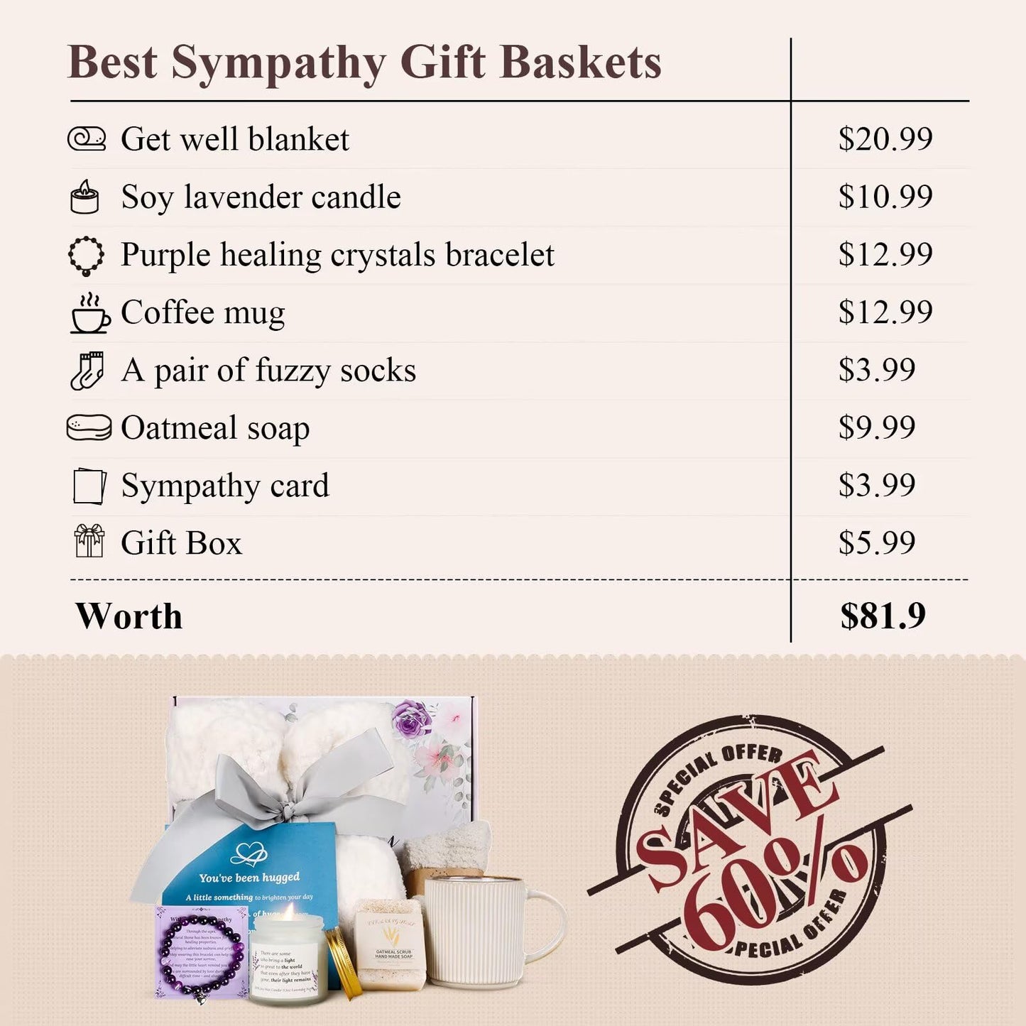 Sympathy Gift Baskets, Care Package for Women, Soothe Grief Sympathy Gifts for Loss of Loved One, Condolences Gift Basket for Loss, Bereavement Miscarriage Gifts for Mothers, Mom, Sister, Friend