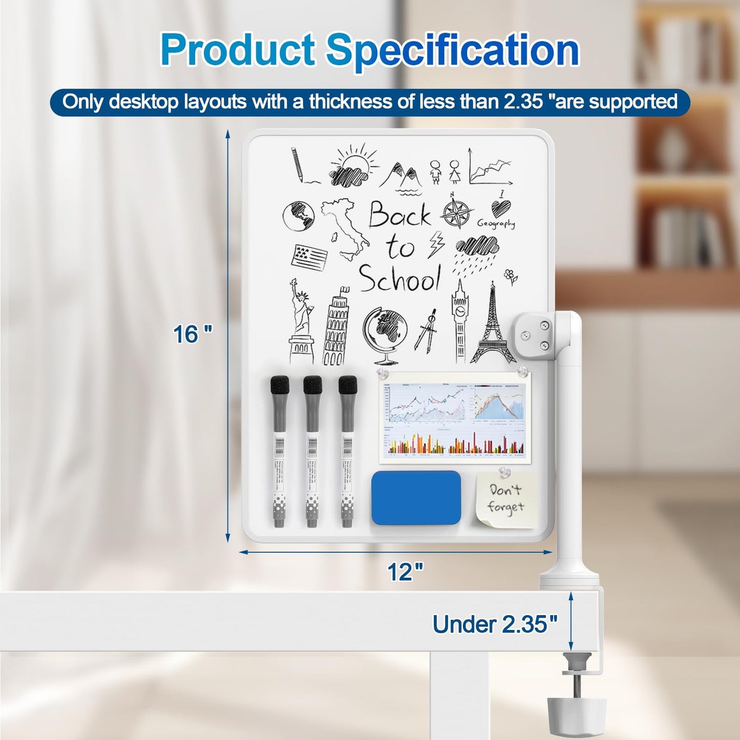 Double-Sided Desk Whiteboard with Dual 360 Swivel - 16" x 12" Clamp-On Desktop Whiteboard for Tables Under 2.3" Thick for Office, Home, School (2pc)