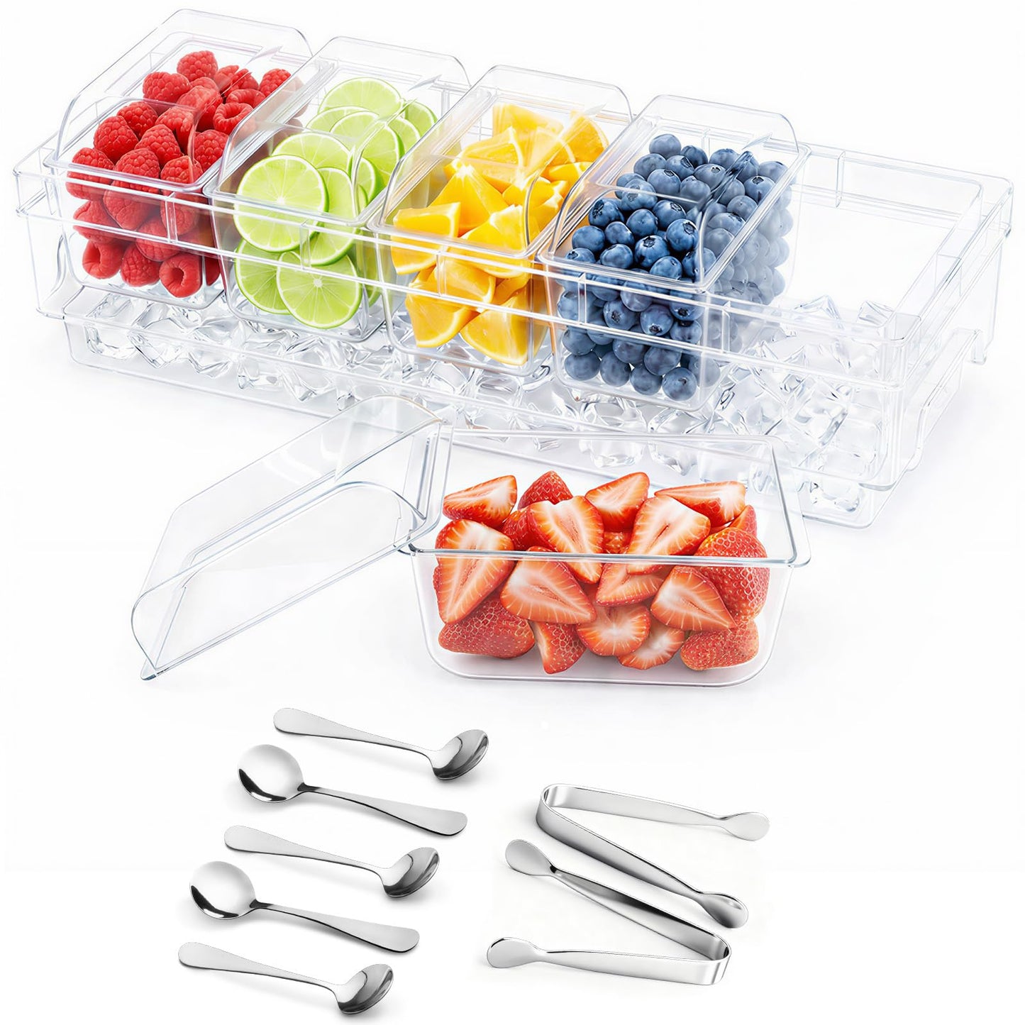 Lifewit Chilled Condiment Caddy with Lids, Serving Set for Party with 5 Containers & Accessories, Garnish Tray for Bartenders, Serving Platter for Taco & Mimosa Bar, Lemonade Stand, Buffet Supplies