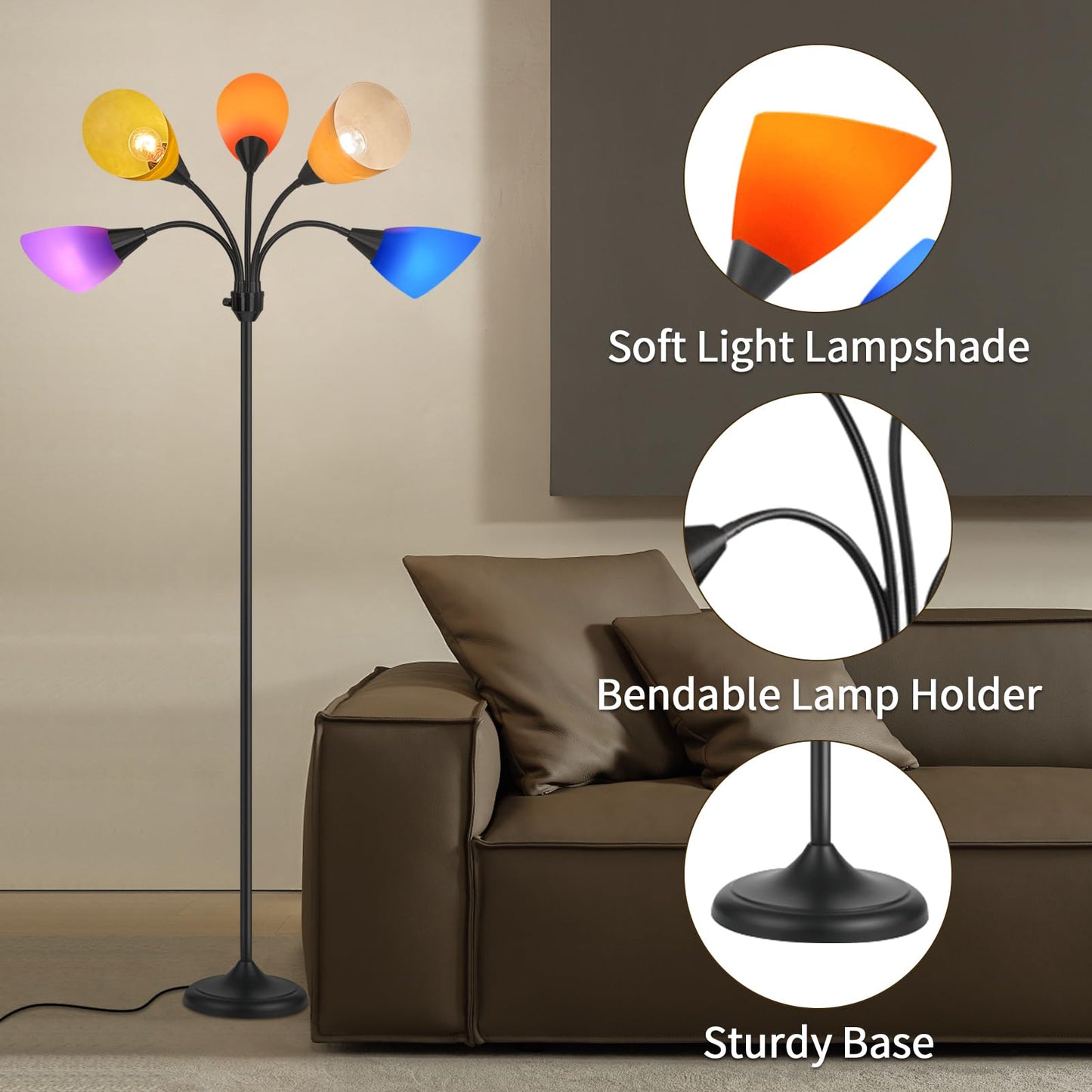 lianheng Medusa Floor Lamp, Multi Head 5 Light Floor Lamp for Bedroom with 10 Lampshade, Adjustable Neck Reading Standing Lamp for Living Room,Office,Kids,Classroom (Black)