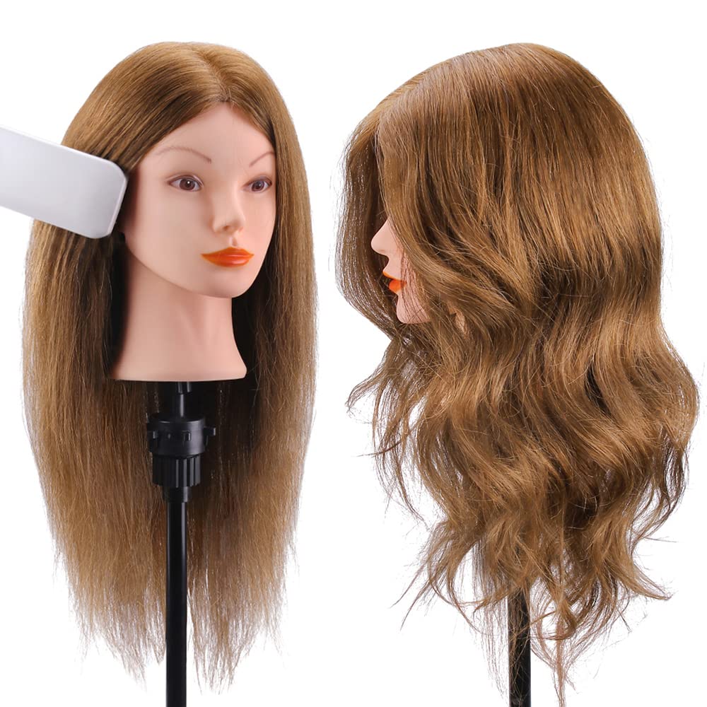 Mannequin Head with 100% Real Hair, TopDirect 18" Brown Real Hair Cosmetology Manikin Head Hairs Styling Hairdressing Practice Training Doll Heads with Clamp Holder and Tools
