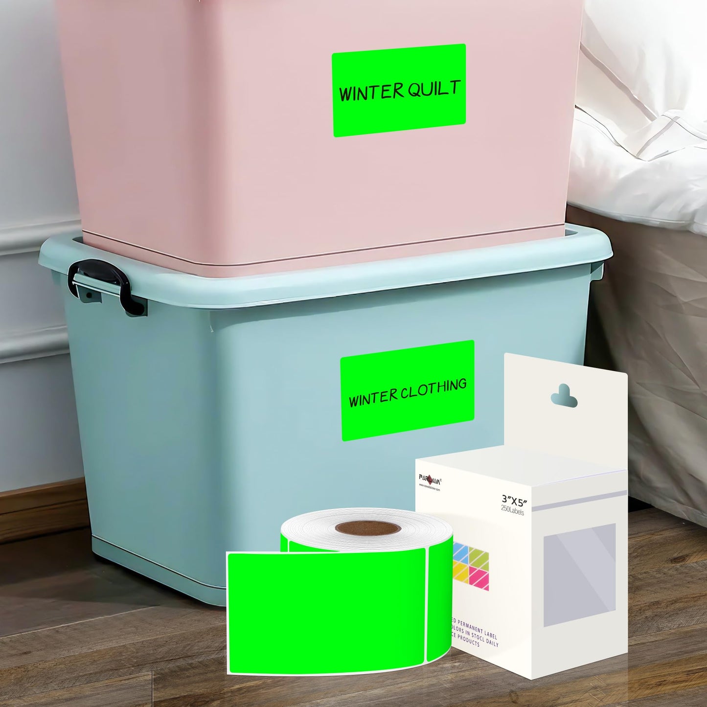 PARLAIM 3 X 5 Inch 4Rolls/1000 Per Roll Rectangle Inventory Color Coding Labels,Roll Square Label Stickers for Home (Fluorescent Green)